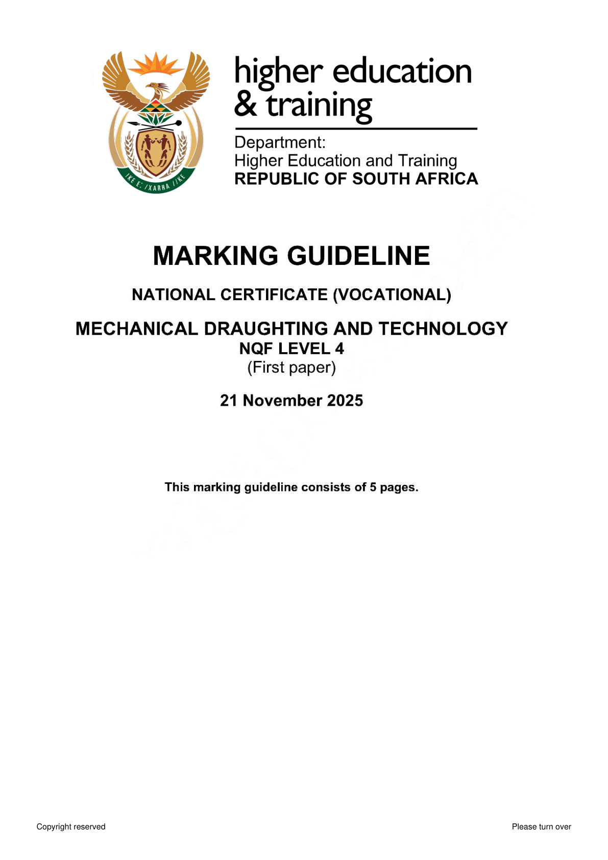 Mechanical Draughting and Technology Level 4 DHET NCV November 2025 Paper 1 - Memo