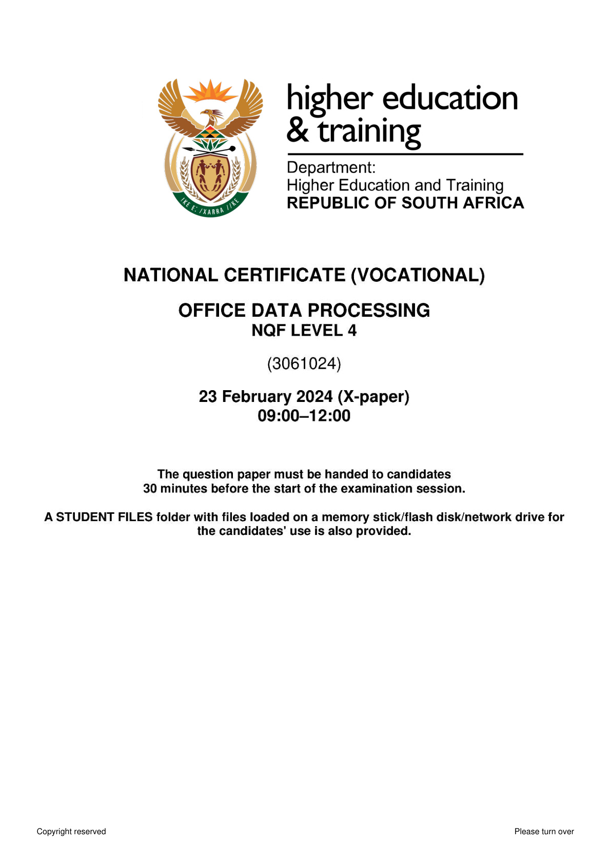 Office Data Processing Level 4 DHET NCV 2024 - Question Paper