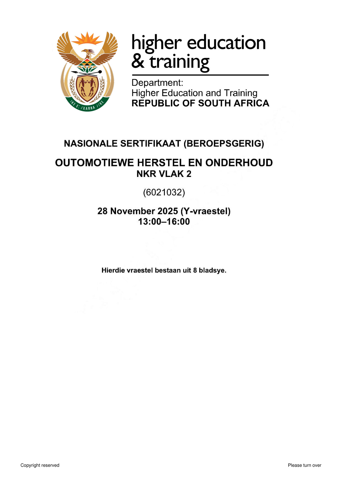 Automotive Repair and Maintenance Level 2 DHET NCV November 2025 - Question Paper