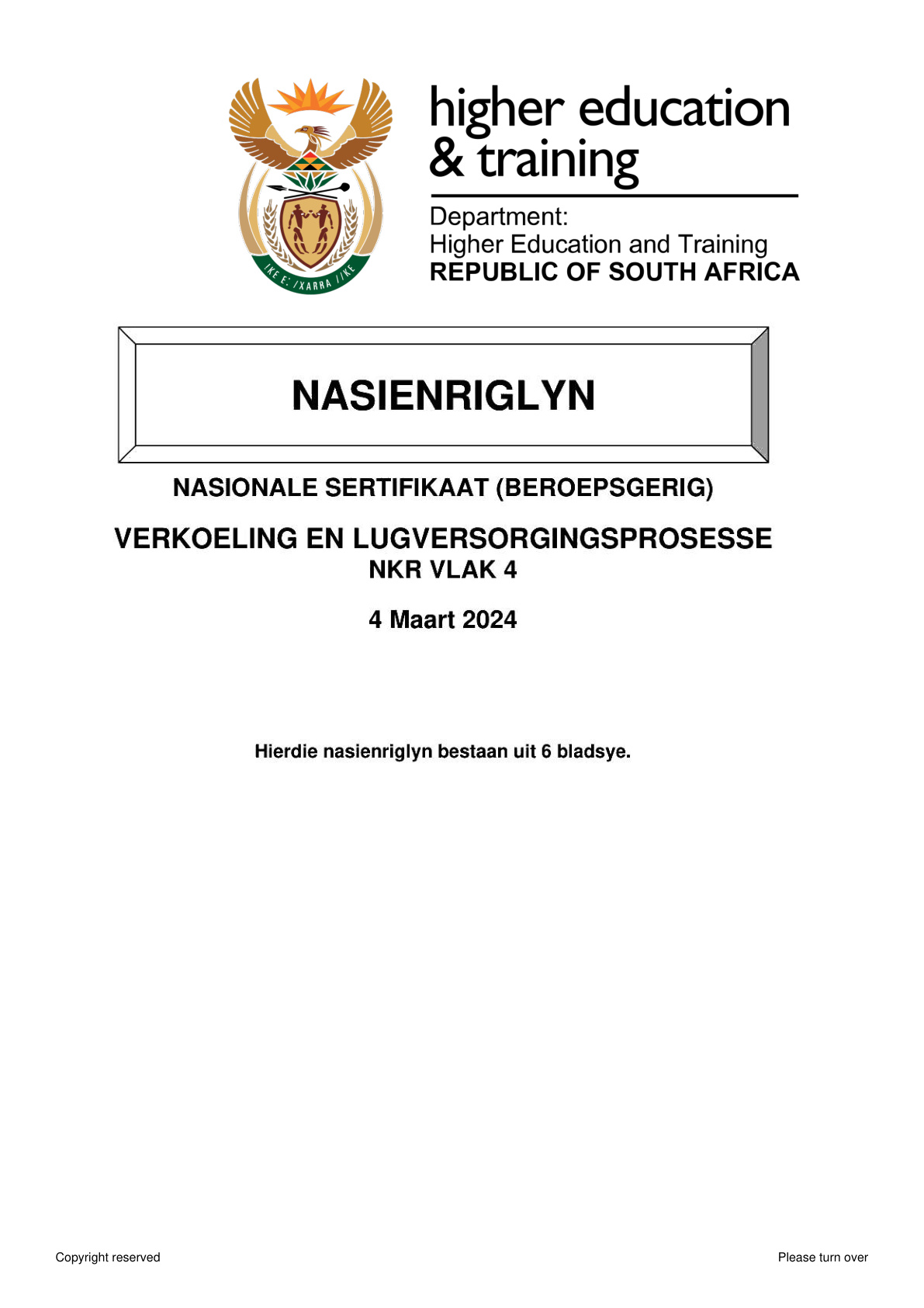 Refrigeration and Air Conditioning Processes Level 4 DHET NCV 2024 - Memo