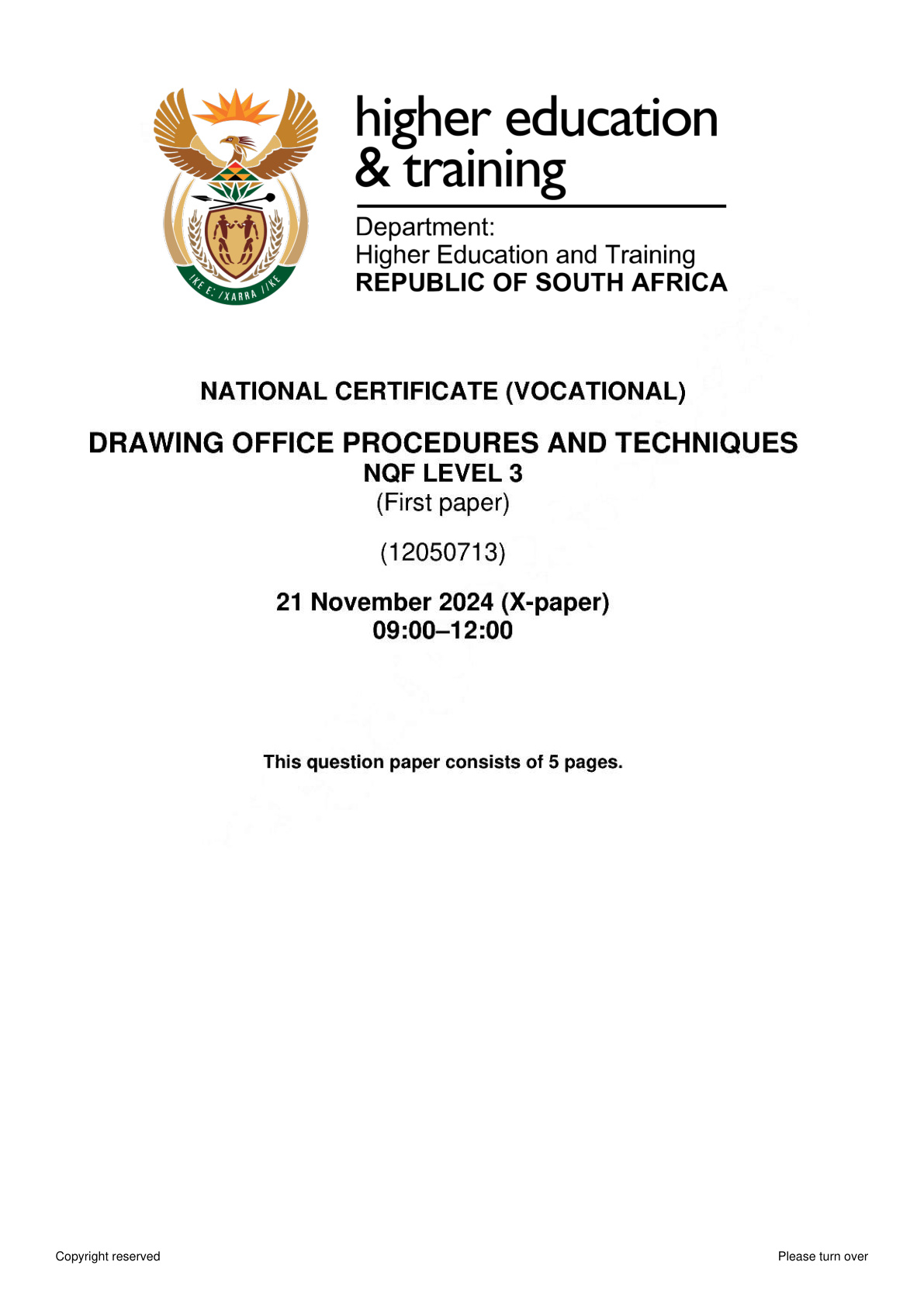 Drawing Office Procedures and Techniques Level 3 DHET NCV November 2024 Paper 1 - Question Paper