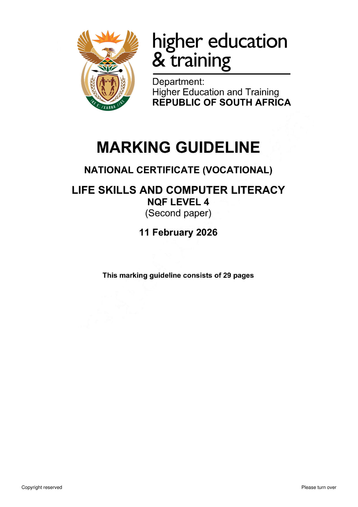 Life Skills And Computer Literacy Level 4 Dhet NCV 2026 Paper 2 - Memo