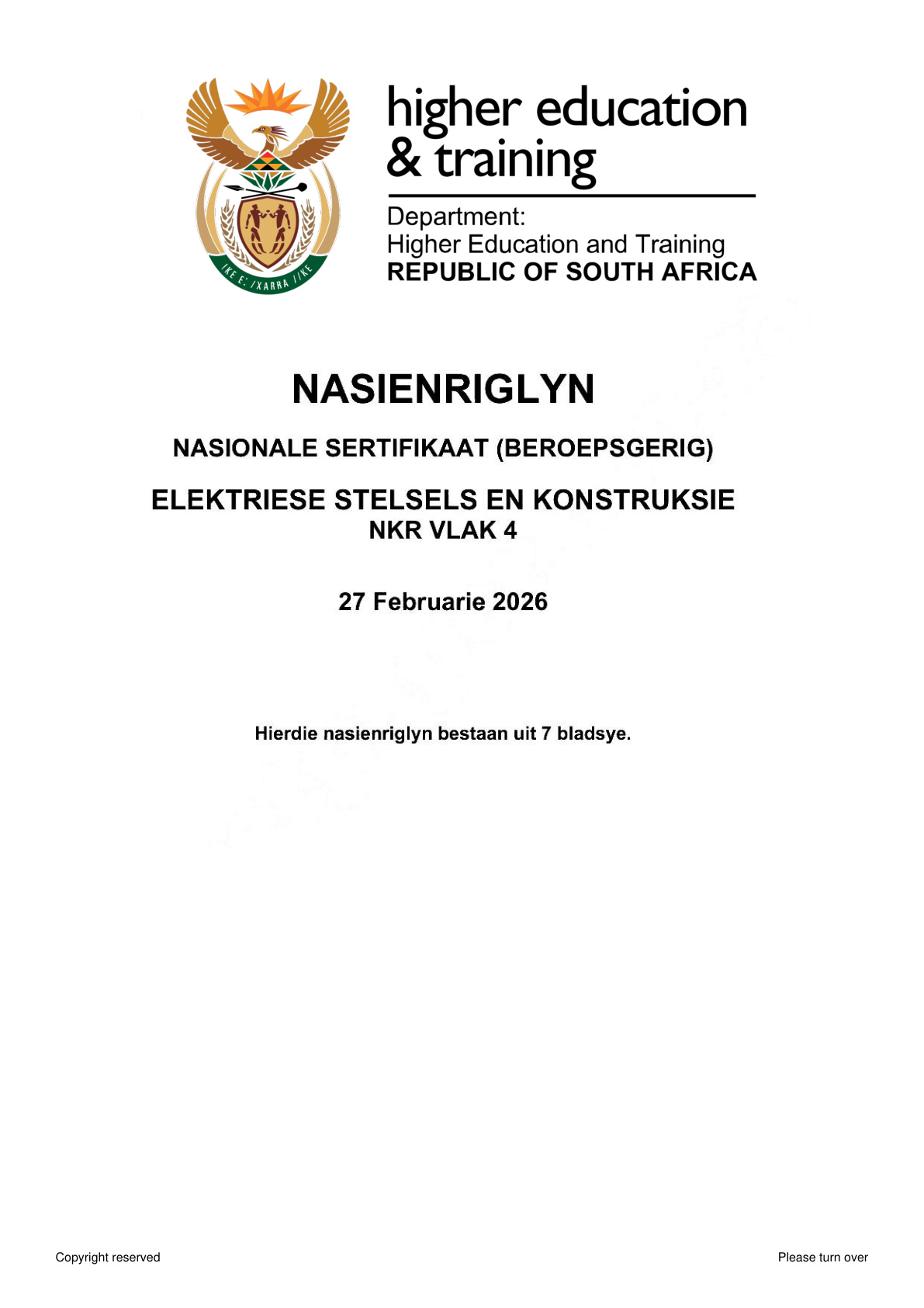 Electrical Systems and Construction Level 4 DHET NCV 2026 - Memo