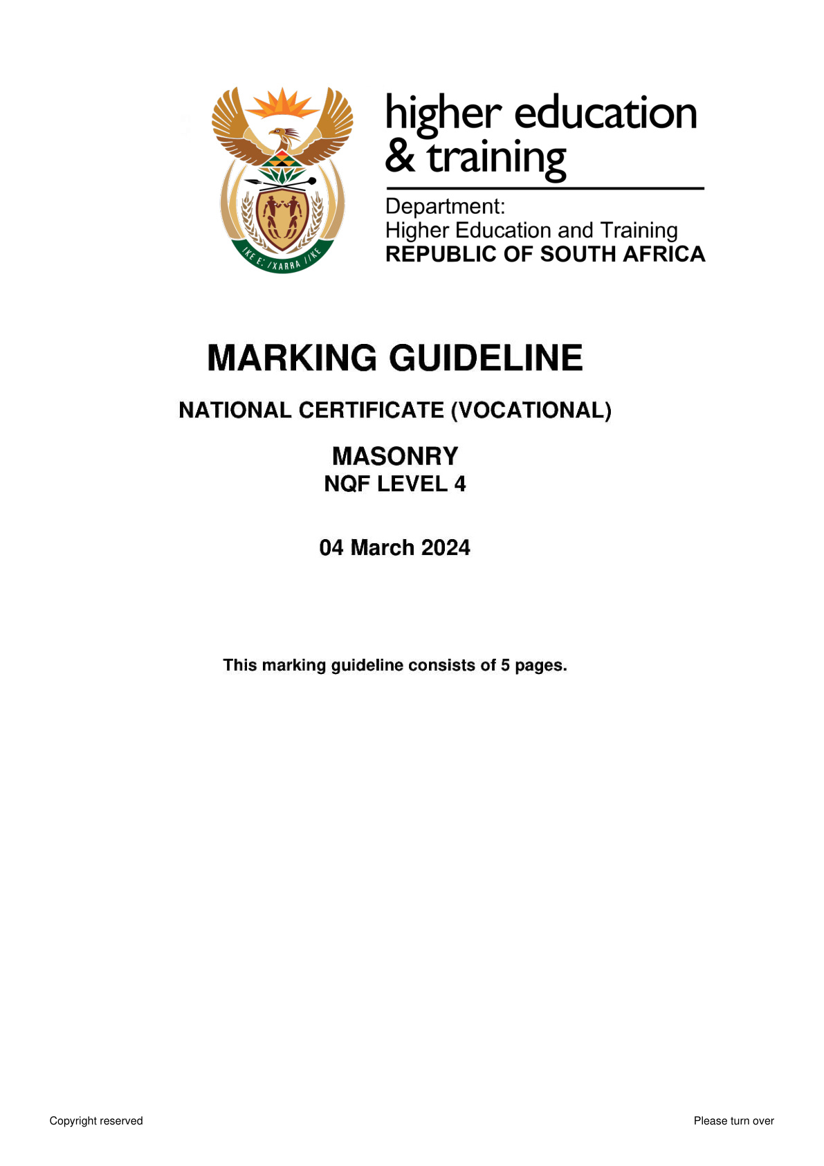 Masonry Level 4 DHET NCV February 2024 - Memo