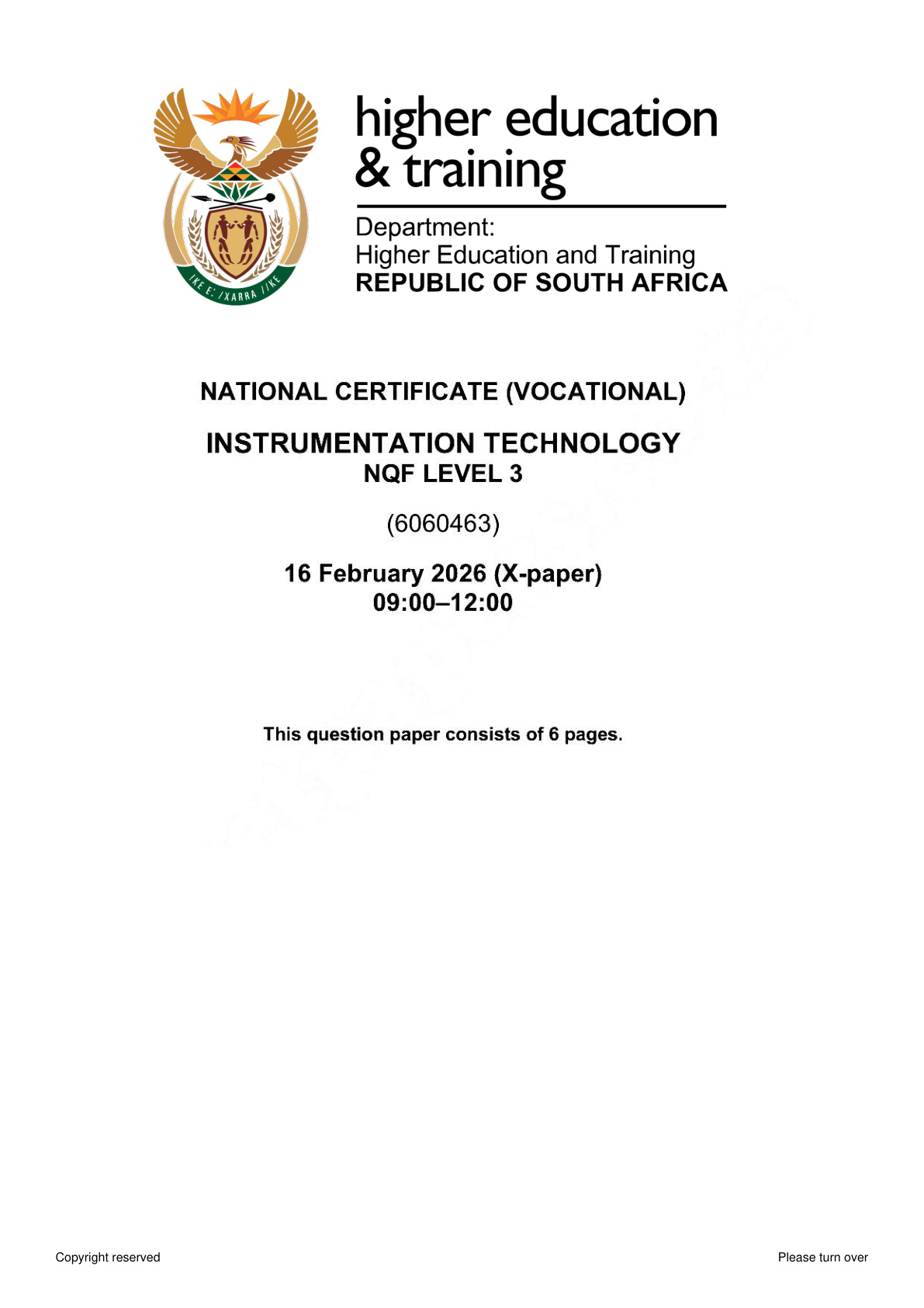 Instrumentation Technology Level 3 DHET NCV 2026 - Question Paper