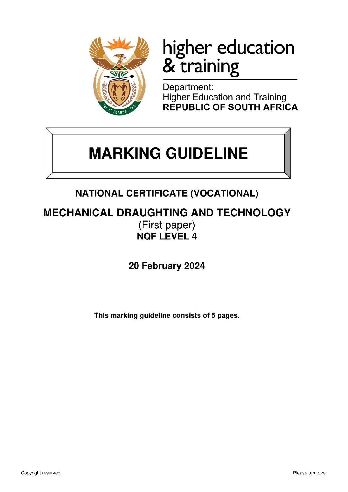 Mechanical Draughting and Technology Level 4 DHET NCV 2024 Paper 1 - Memo