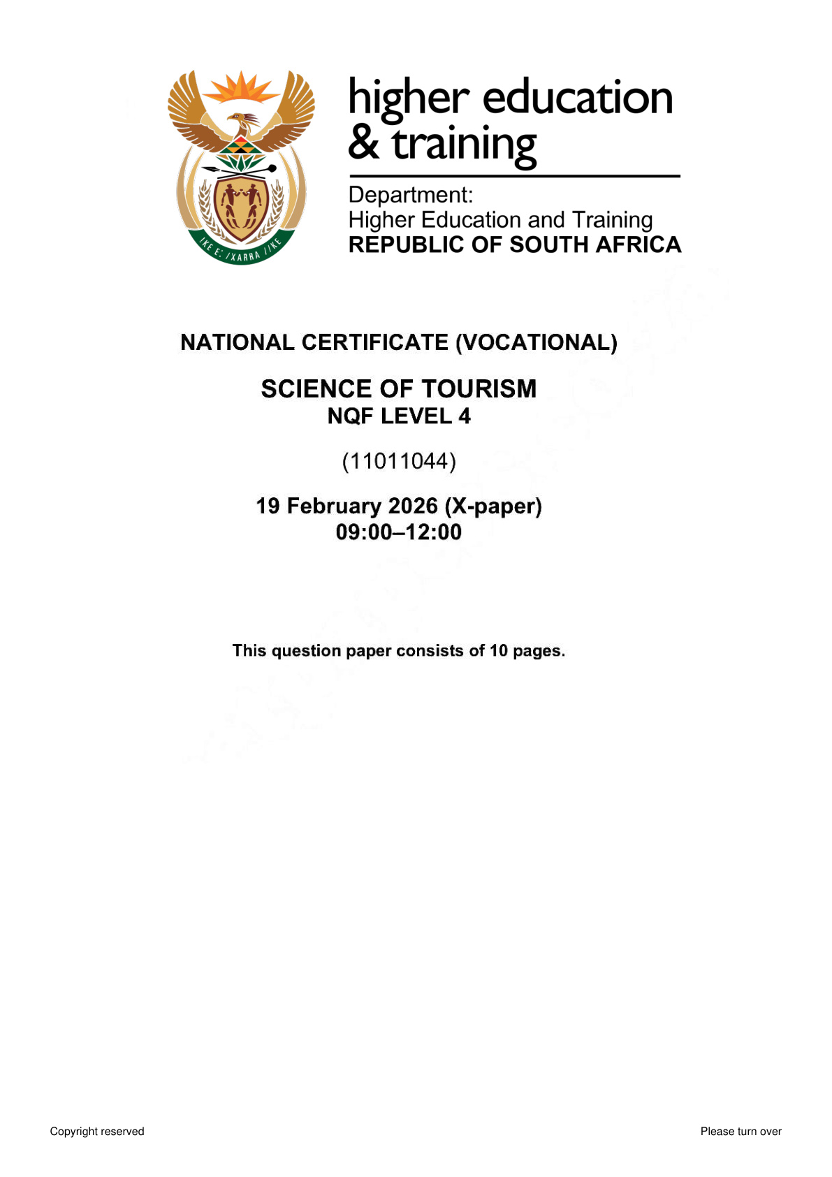 Science of Tourism Level 4 DHET NCV 2026 - Question Paper