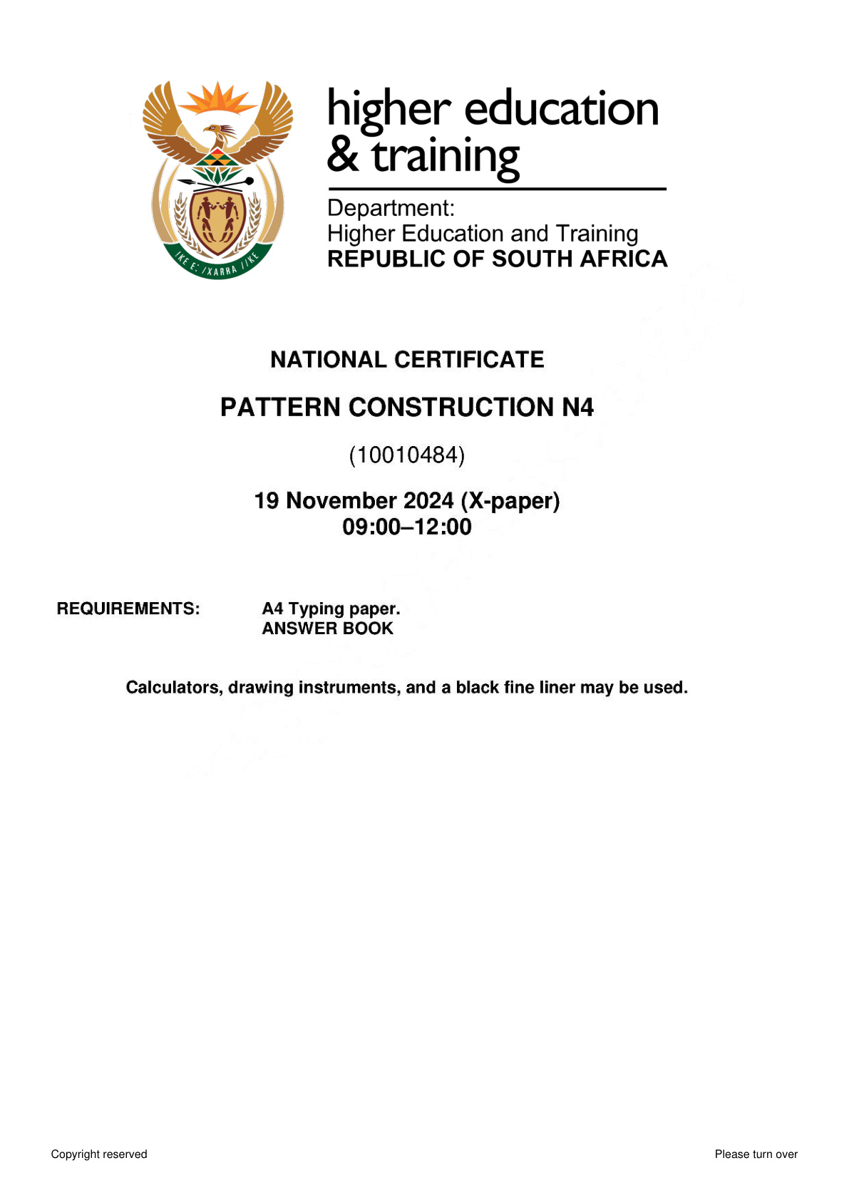 Pattern Construction N4 DHET NATED November 2024 Paper X - Question Paper