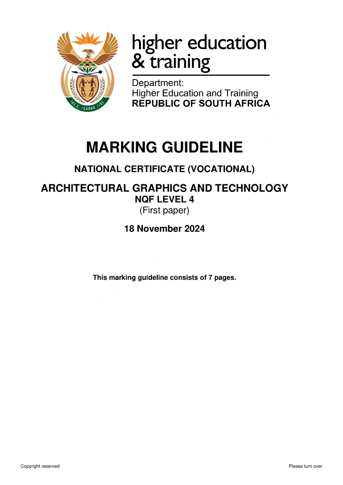 Architectural Graphics and Technology Level 4 DHET NCV November 2024 Paper 1 - Memo