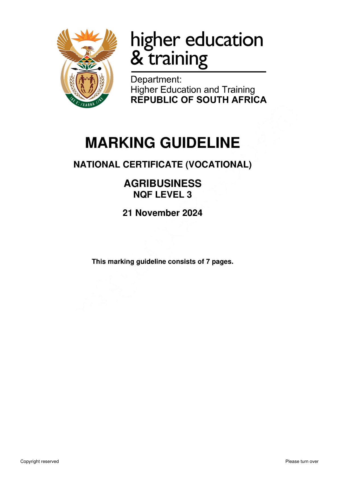 Agribusiness Level 3 DHET NCV November 2024 - Memo