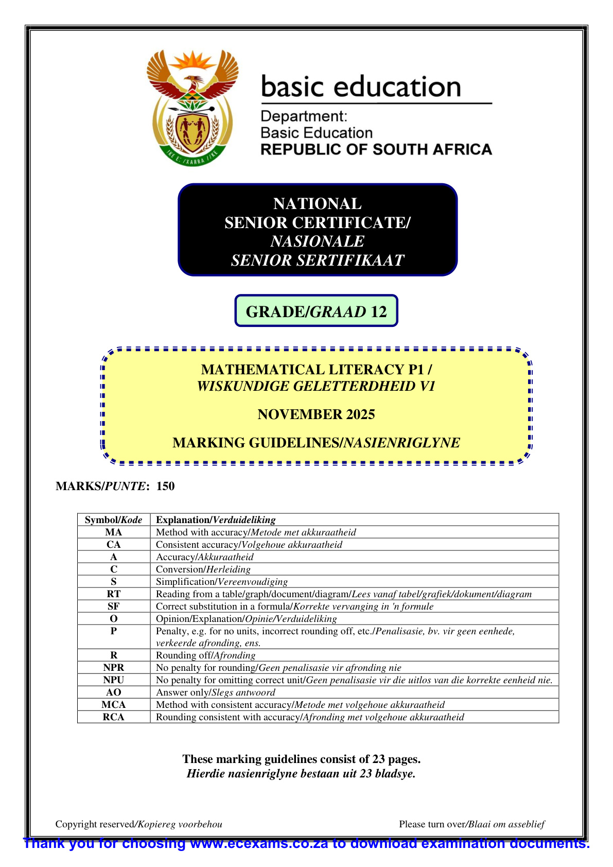 Mathematical Literacy Grade 12 DBE NSC November 2025 Paper 1 - Memo (Eastern Cape)