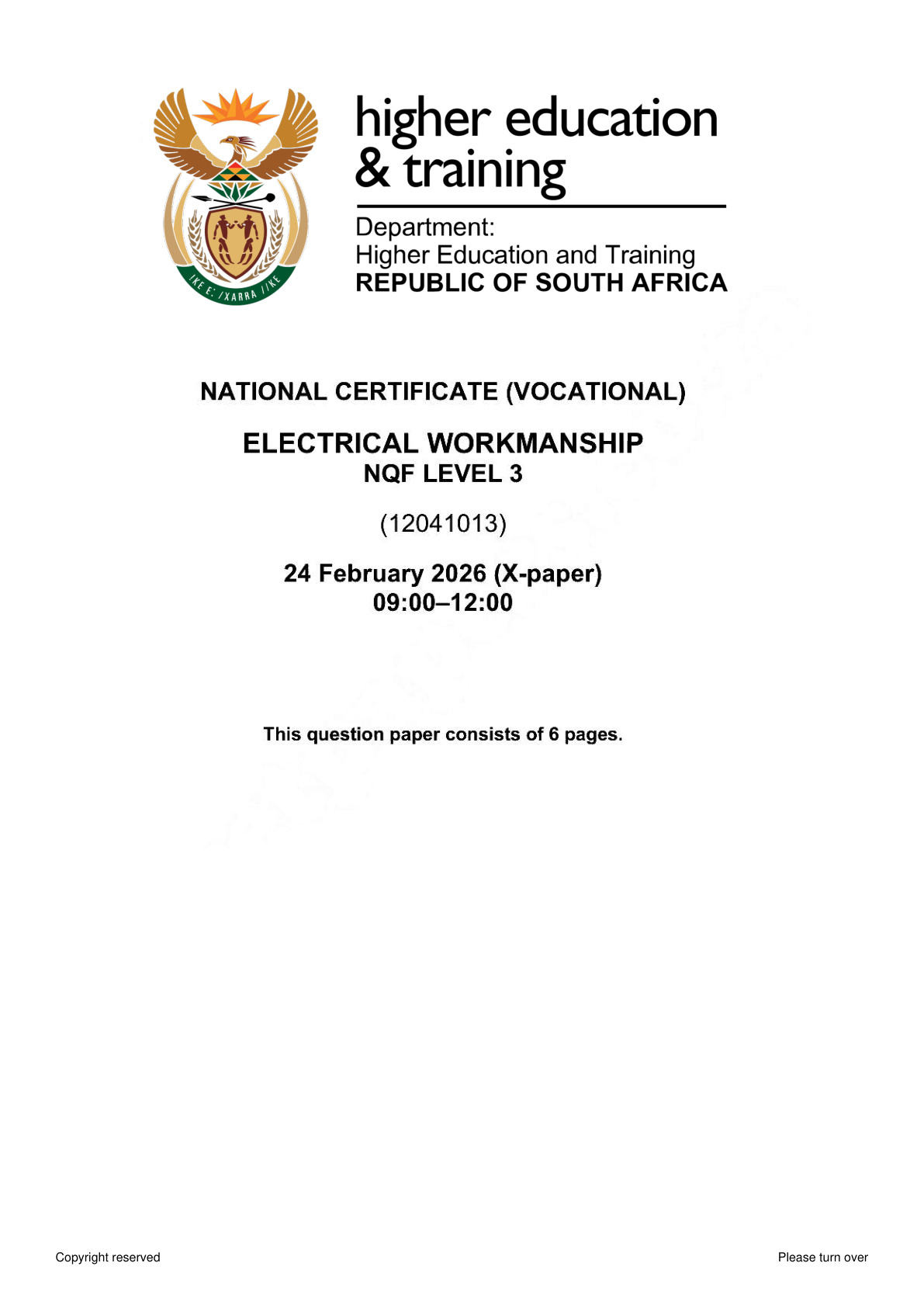 Electrical Workmanship Level 3 DHET NCV February 2026 - Question Paper