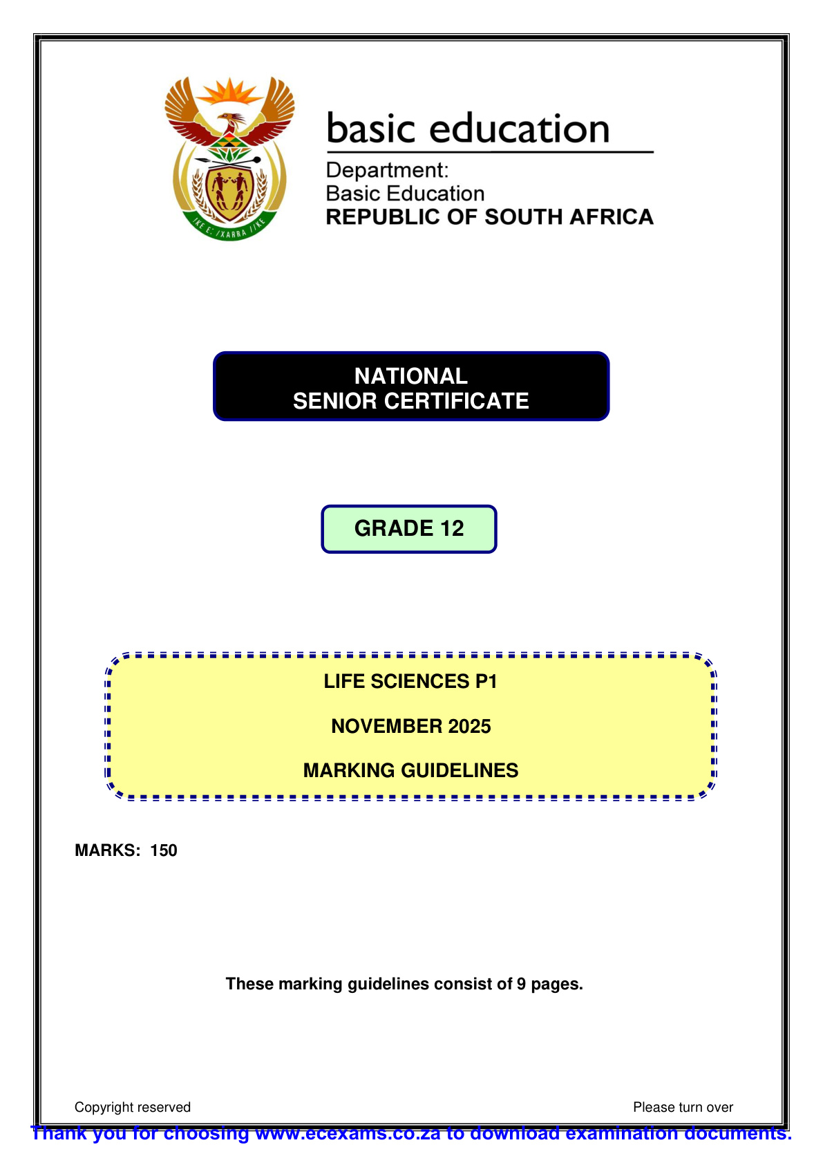 Life Sciences Grade 12 DBE NSC November 2025 Paper 1 - Memo (Eastern Cape)
