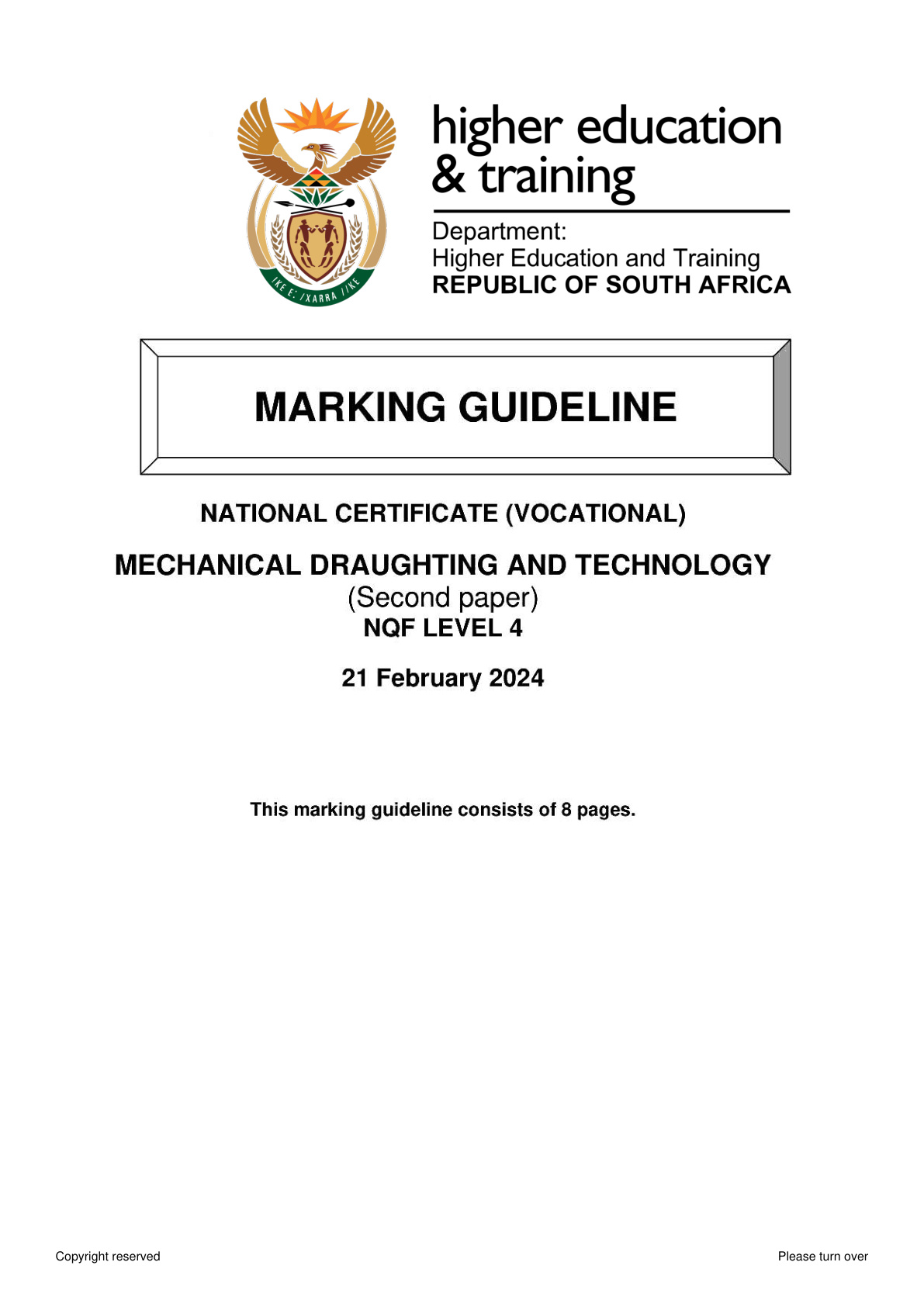 Mechanical Draughting and Technology Level 4 DHET NCV 2024 Paper 2 - Memo