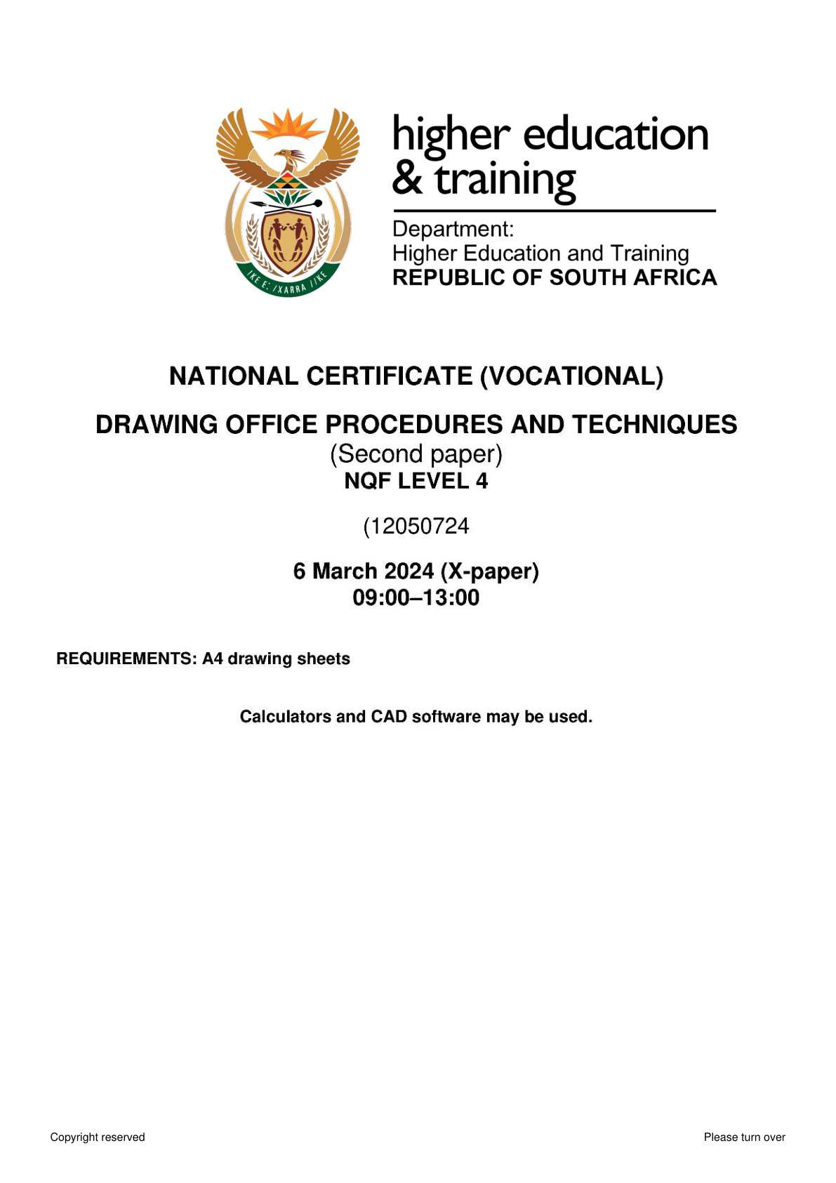 Drawing Office Procedures and Techniques Level 4 DHET NCV 2024 Paper 2 - Question Paper