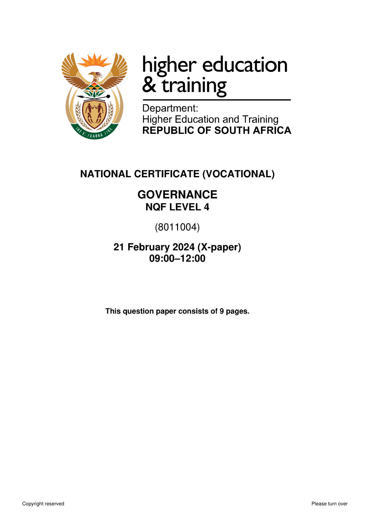 Governance Level 4 DHET NCV 2024 - Question Paper