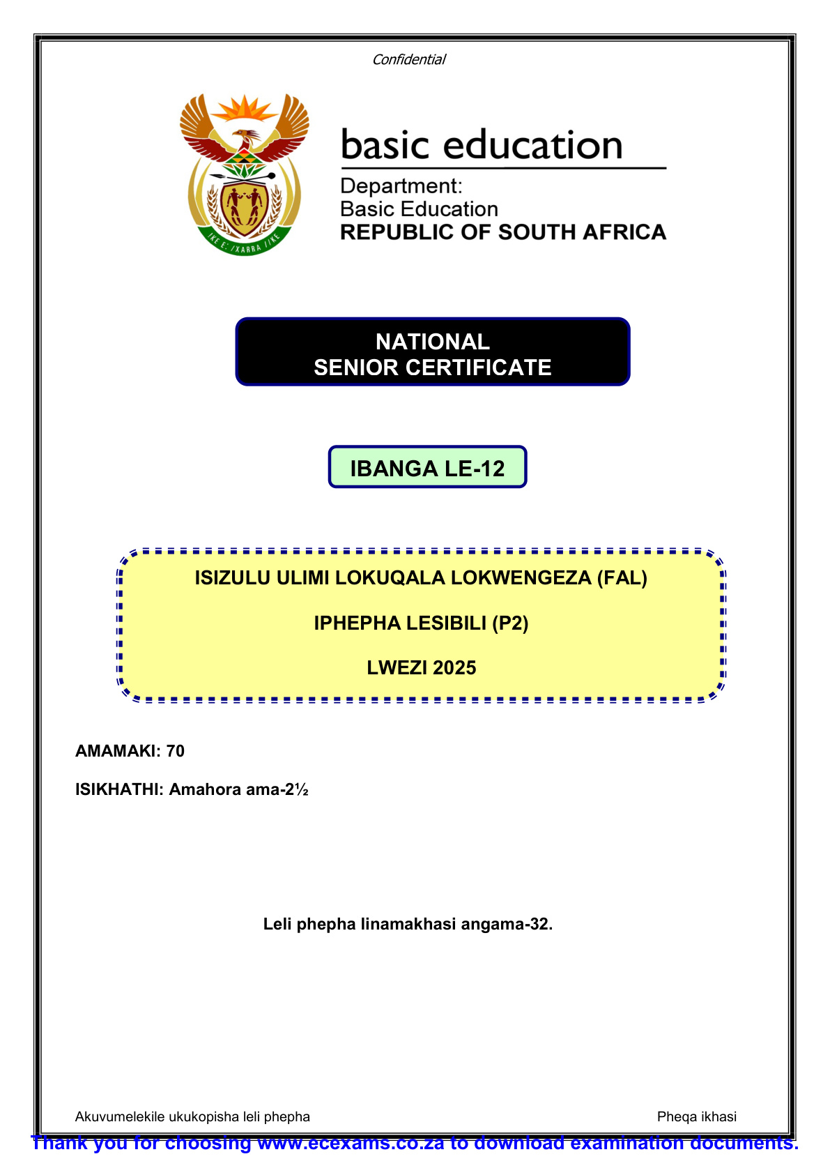 Isizulu First Additional Language Grade 12 DBE NSC November 2025 Paper 2 - Question Paper (Eastern Cape)