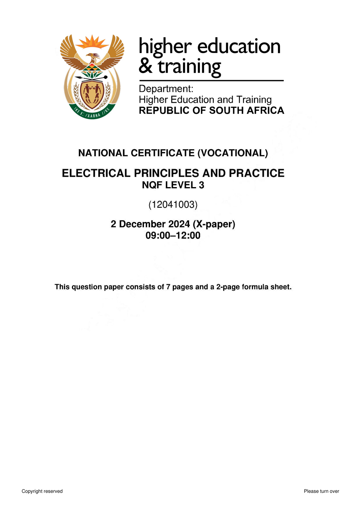 Electrical Principles and Practice Level 3 DHET NCV November 2024 - Question Paper
