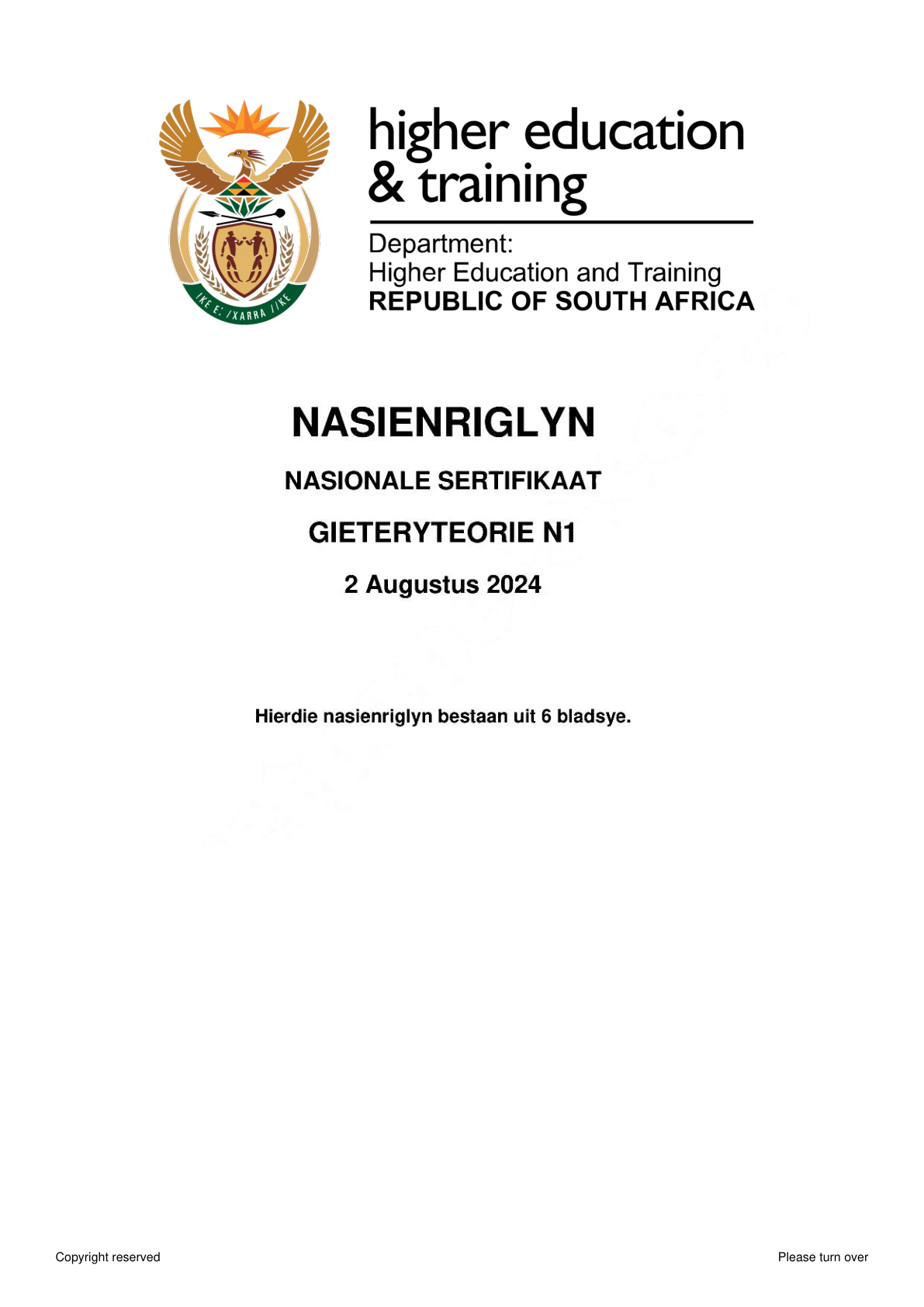 Moulders' Theory N1 DHET NATED August 2024 - Memo