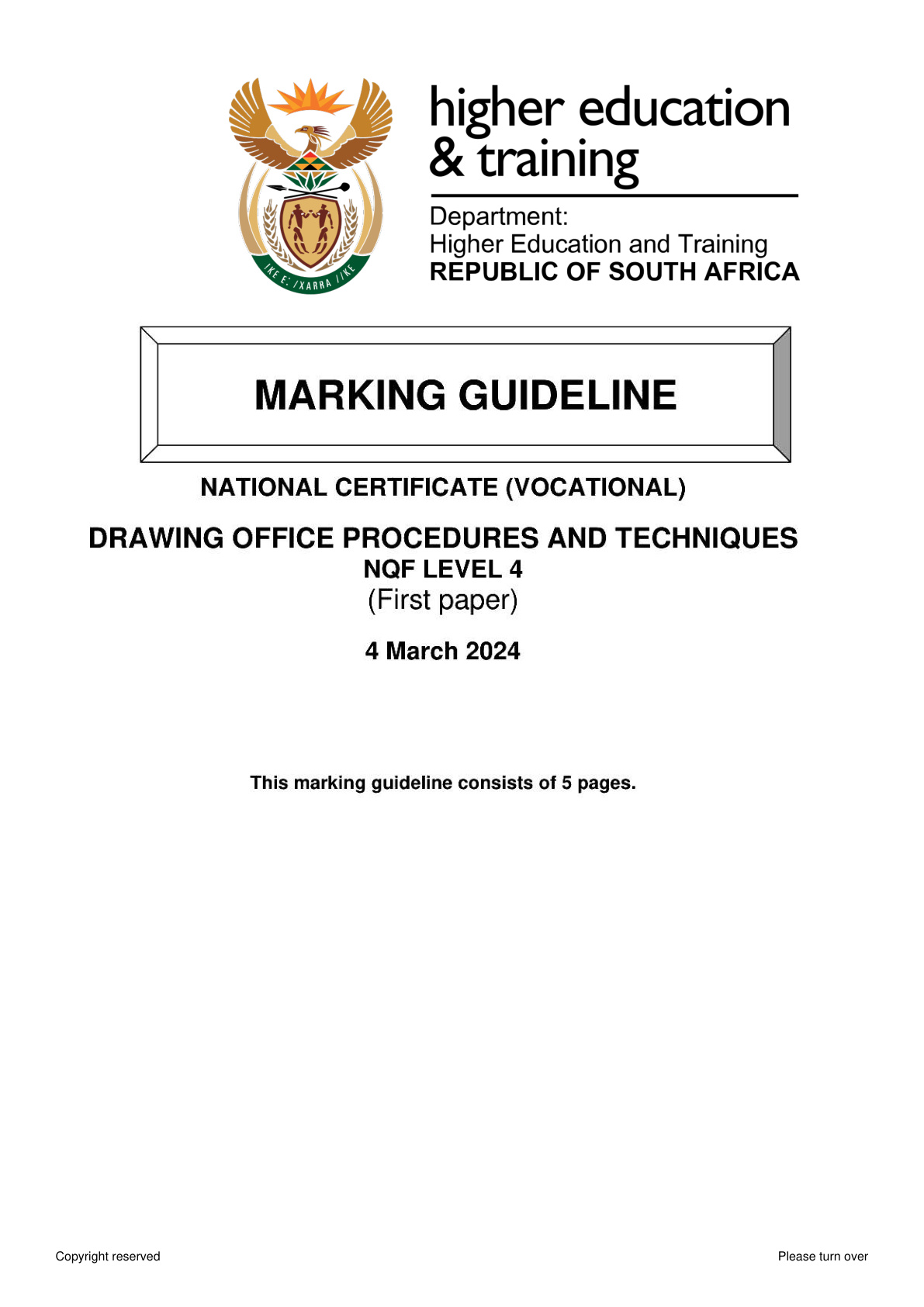 Drawing Office Procedures and Techniques Level 4 DHET NCV 2024 Paper 1 - Memo
