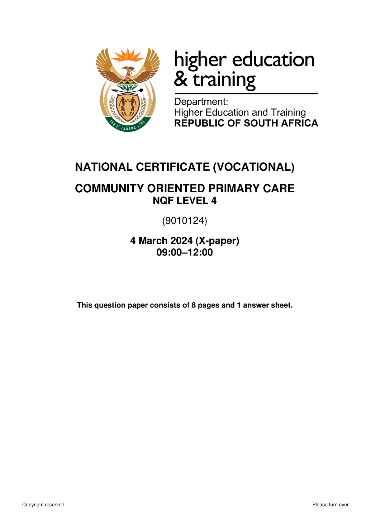 Community Oriented Primary Care Level 4 DHET NCV 2024 - Question Paper