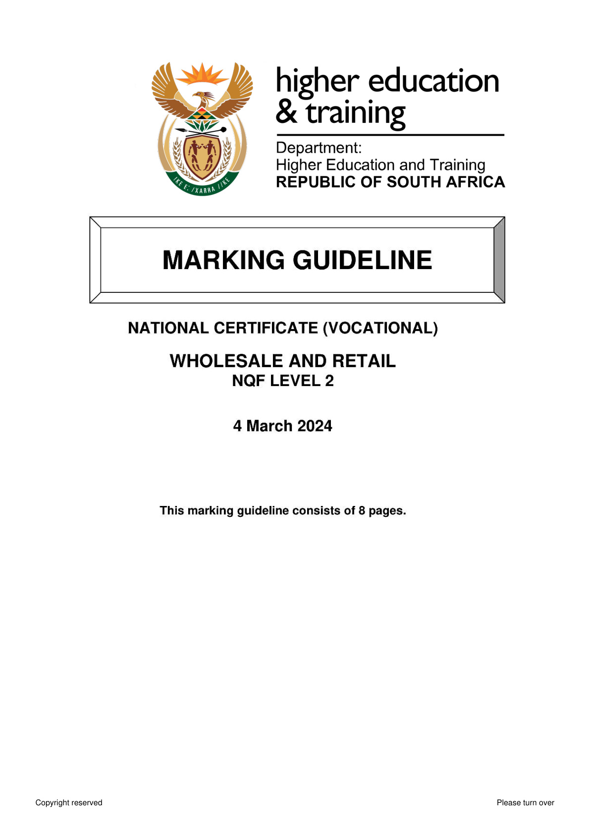 Wholesale and Retail Level 2 DHET NCV - Memo