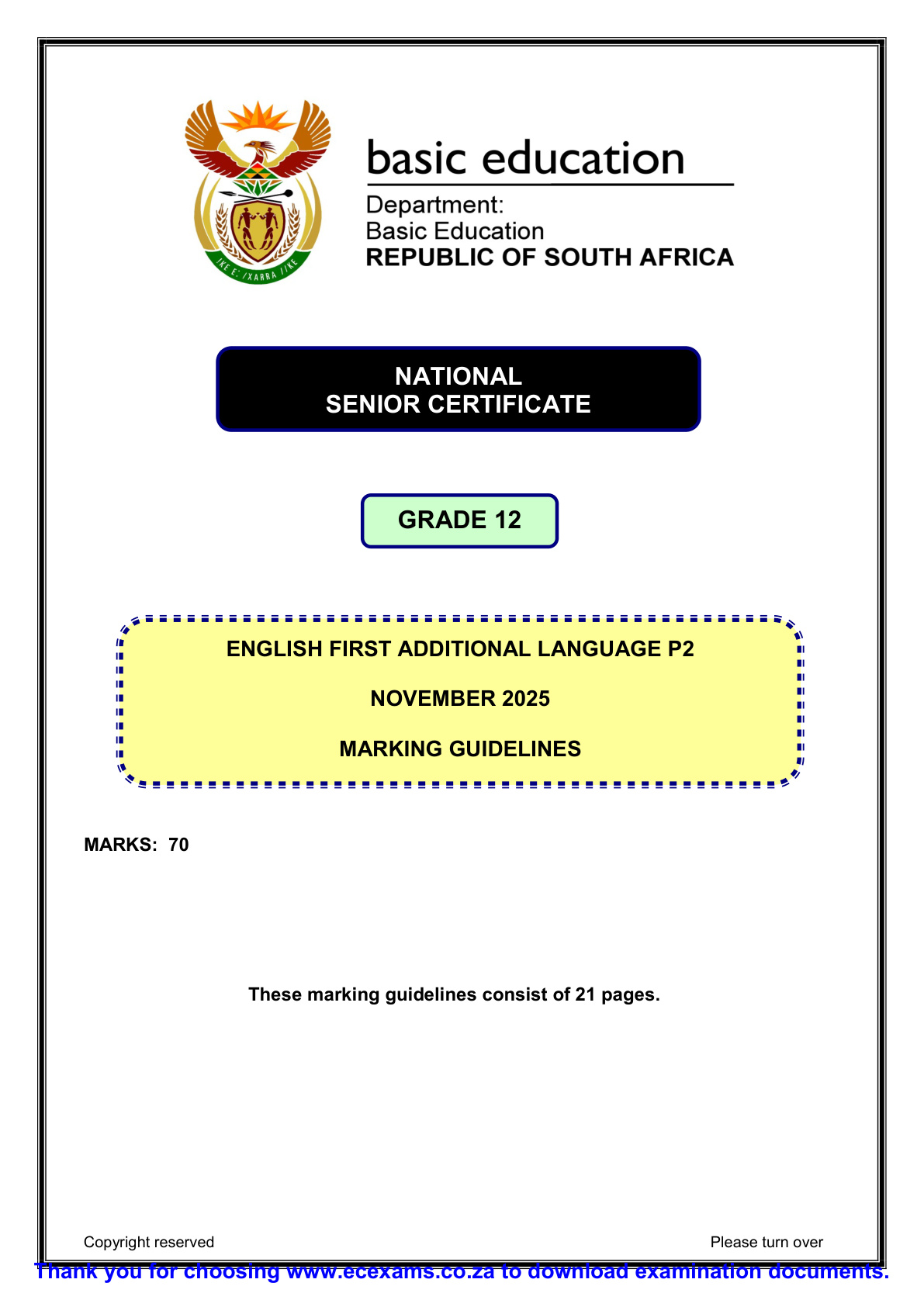 English First Additional Language Grade 12 DBE NSC November 2025 Paper 2 - Memo (Eastern Cape)