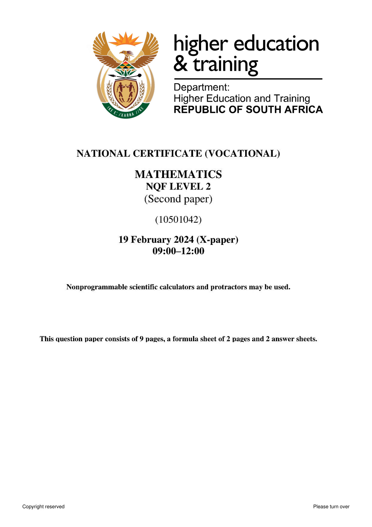 Mathematics Level 2 DHET NCV 2024 Paper 2 - Question Paper