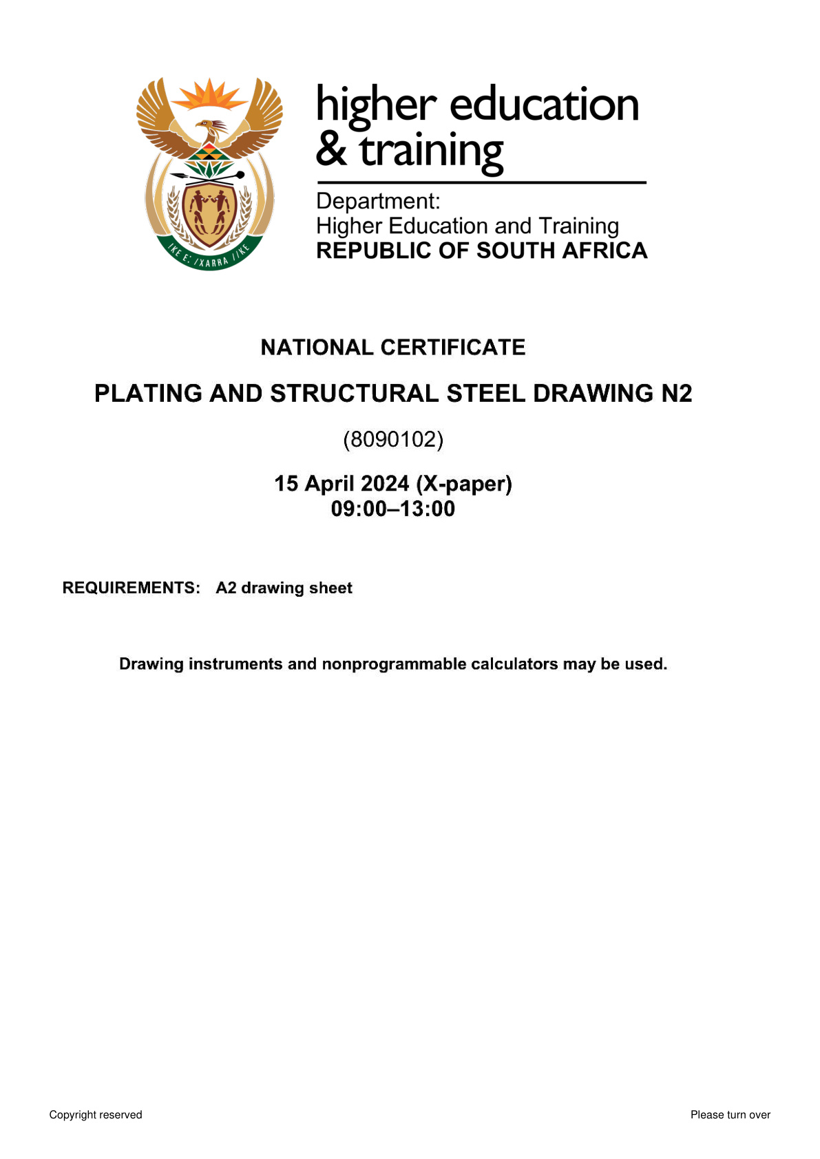 Plating and Structural Steel Drawing N2 DHET NATED April 2024 Paper X - Question Paper