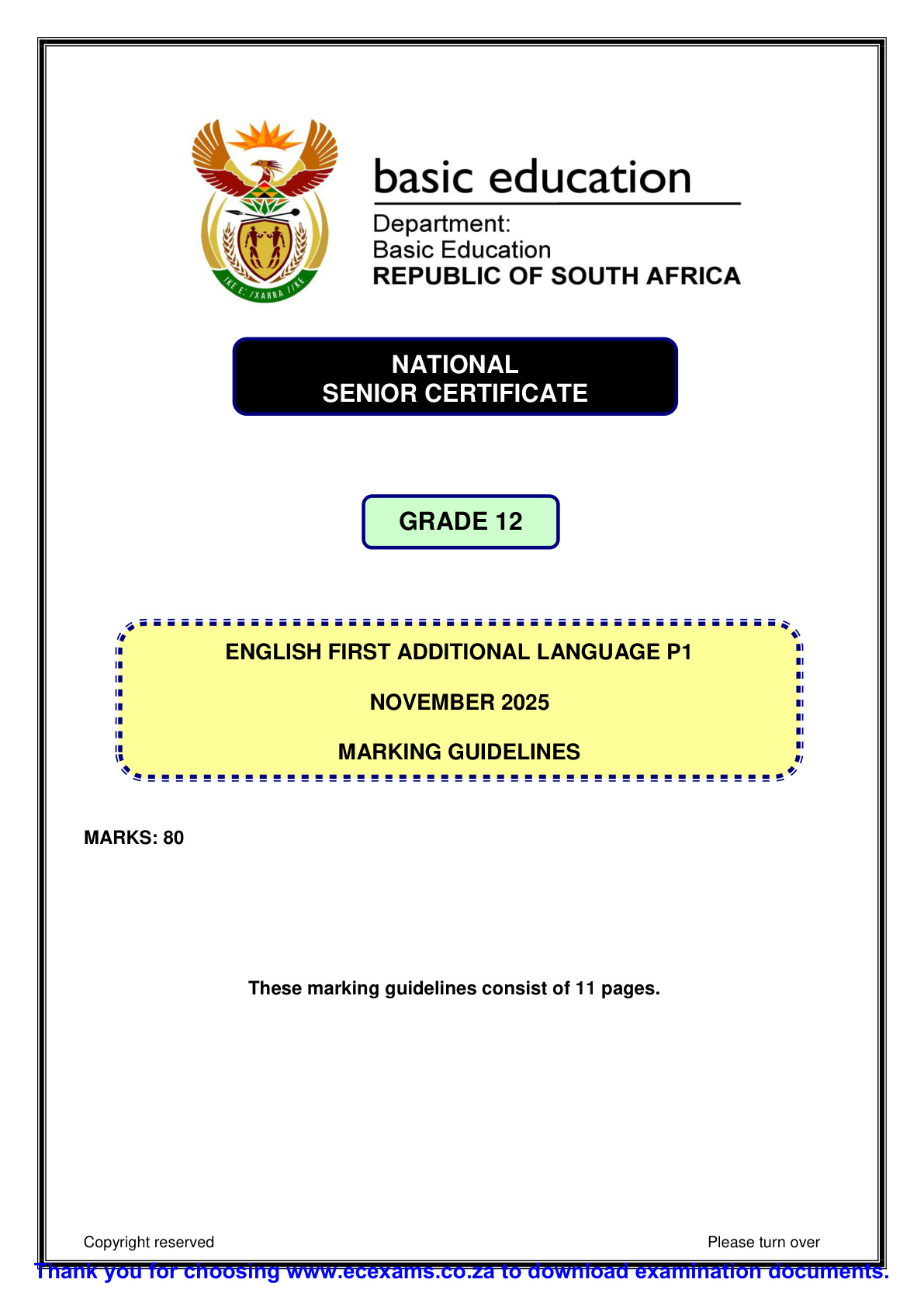 English First Additional Language Grade 12 DBE NSC November 2025 Paper 1 - Memo (Eastern Cape)