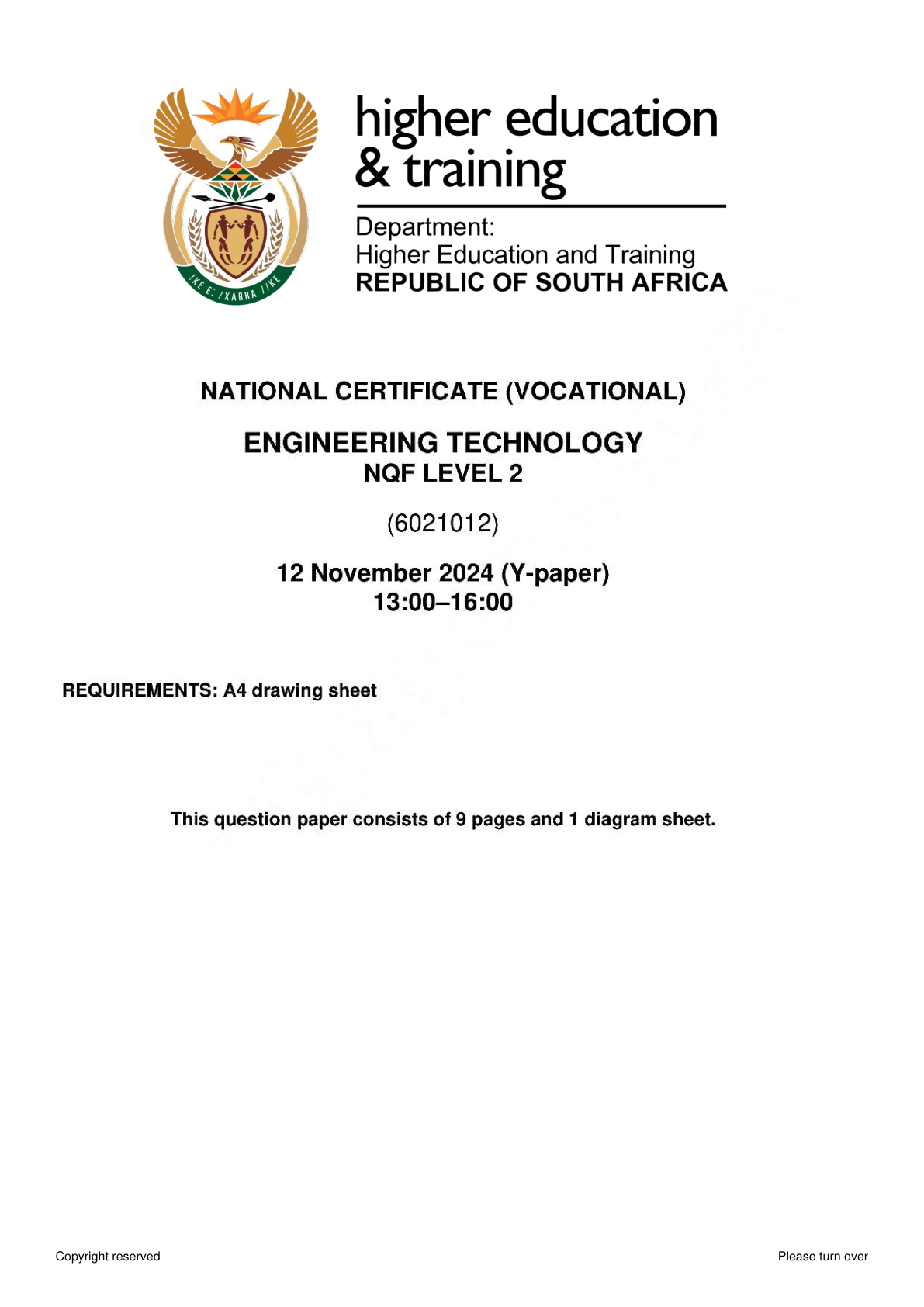 Engineering Technology Level 2 Dhet NCV November 2024 - Question Paper