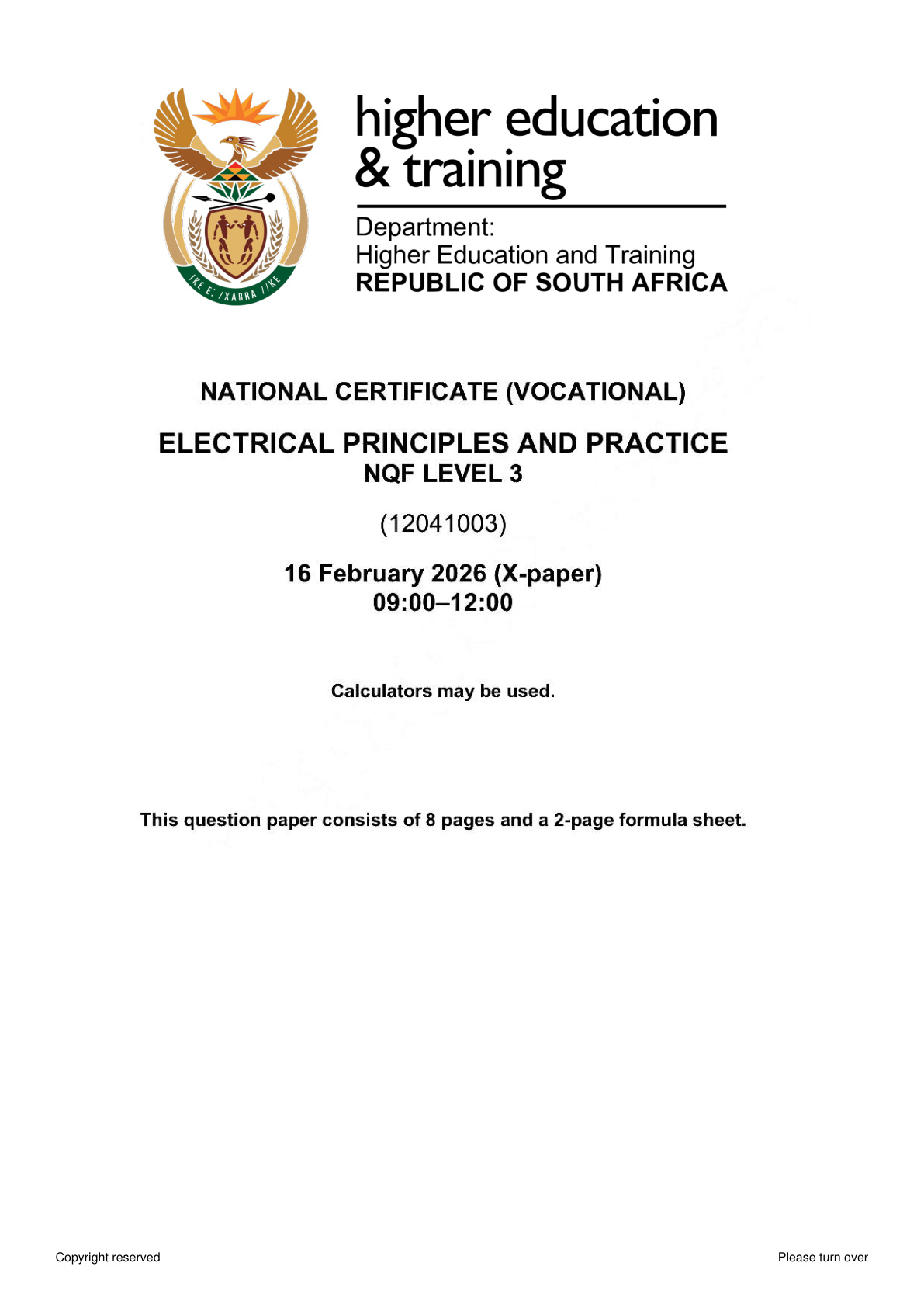 Electrical Principles and Practice Level 3 DHET NCV 2026 - Question Paper