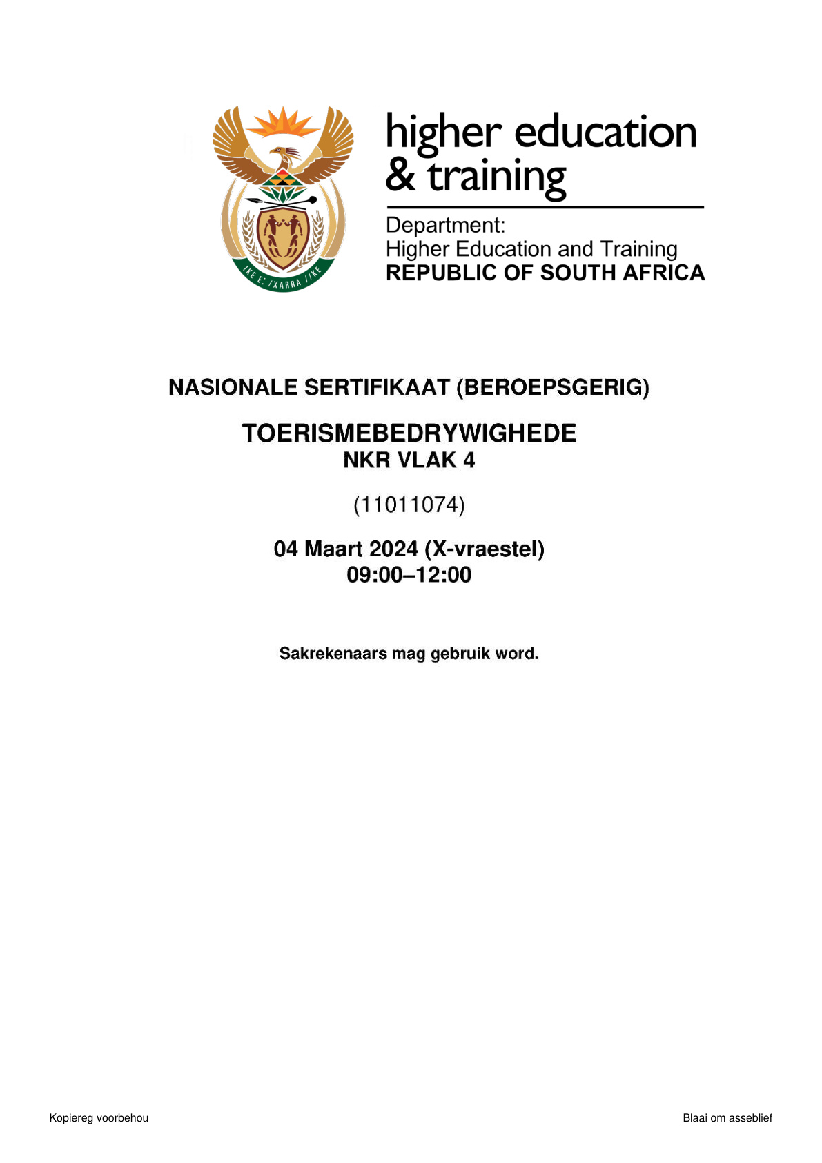 Tourism Operations Level 4 DHET NCV 2024 - Question Paper