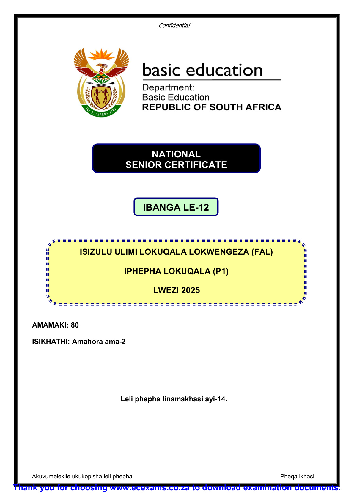 Isizulu First Additional Language Grade 12 DBE NSC November 2025 Paper 1 - Question Paper (Eastern Cape)