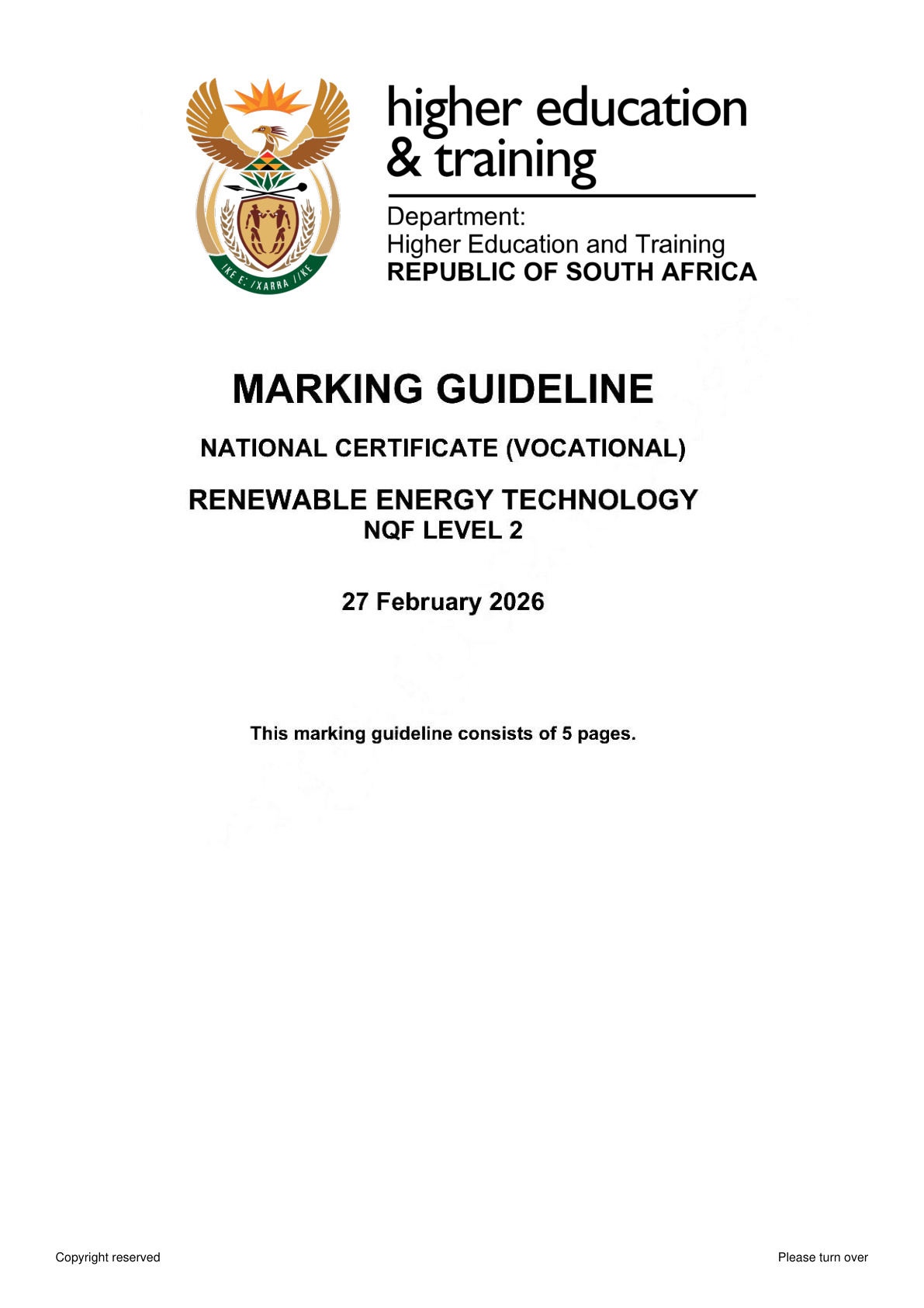 Renewable Energy Technologies Level 2 Dhet NCV 2026 - Memo