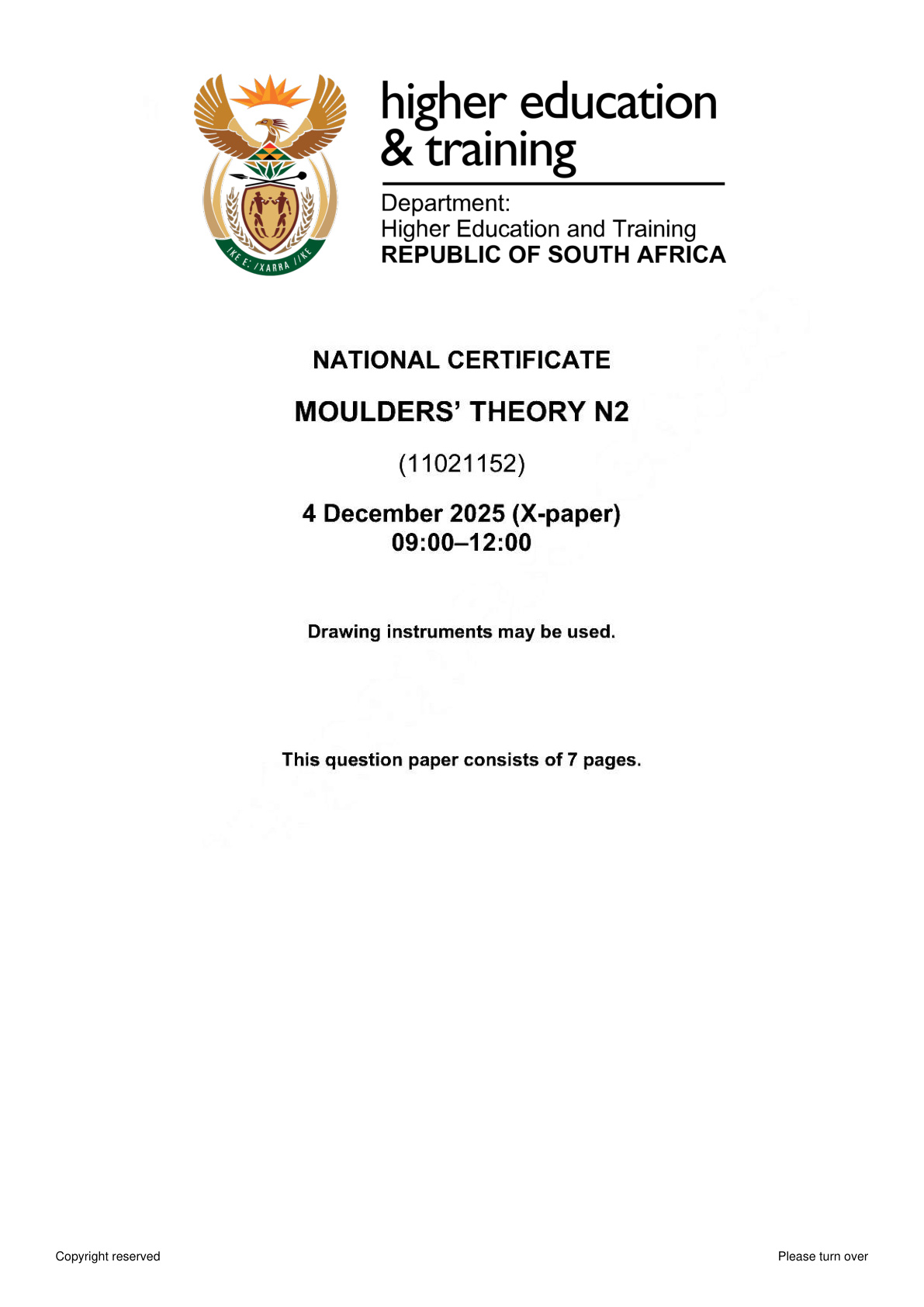 Moulders' Theory N2 DHET NATED November 2025 Paper X - Question Paper