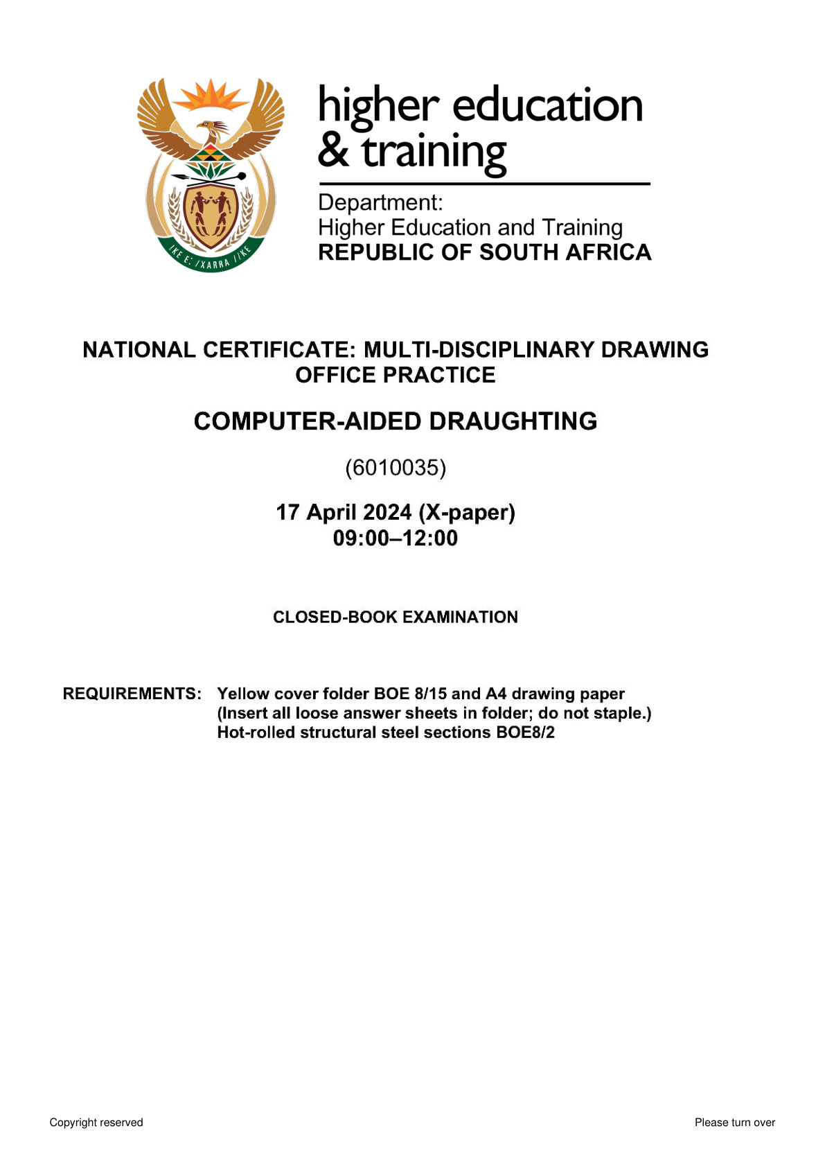 Computer Aided Draughting DHET NATED April 2024 - Question Paper