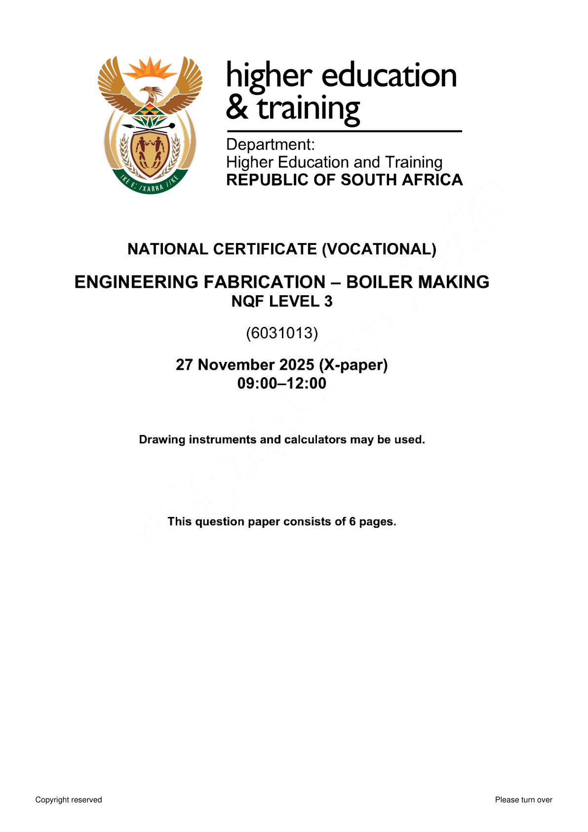 Engineering Fabrication: Boilermaking Level 3 DHET NCV November 2025 - Question Paper