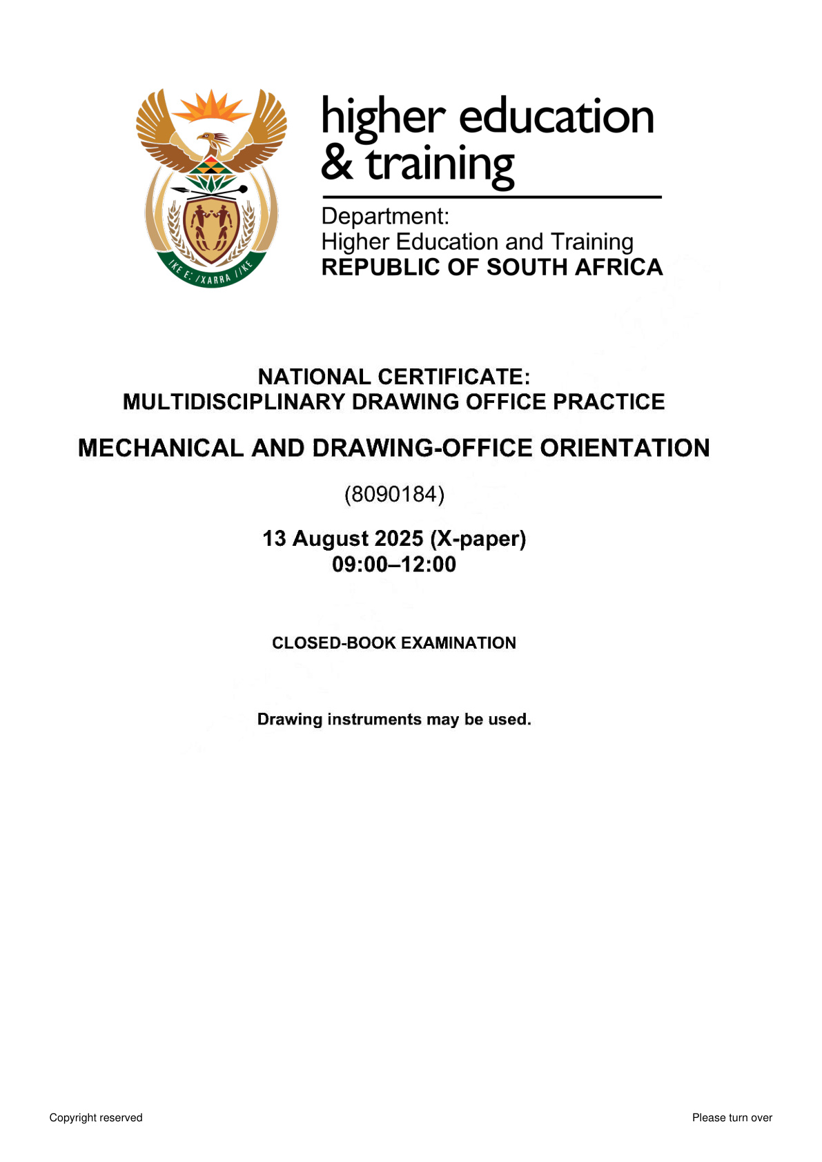 Mechanical and Drawing-Office Orientation N4 DHET NATED August 2025 Paper X - Question Paper