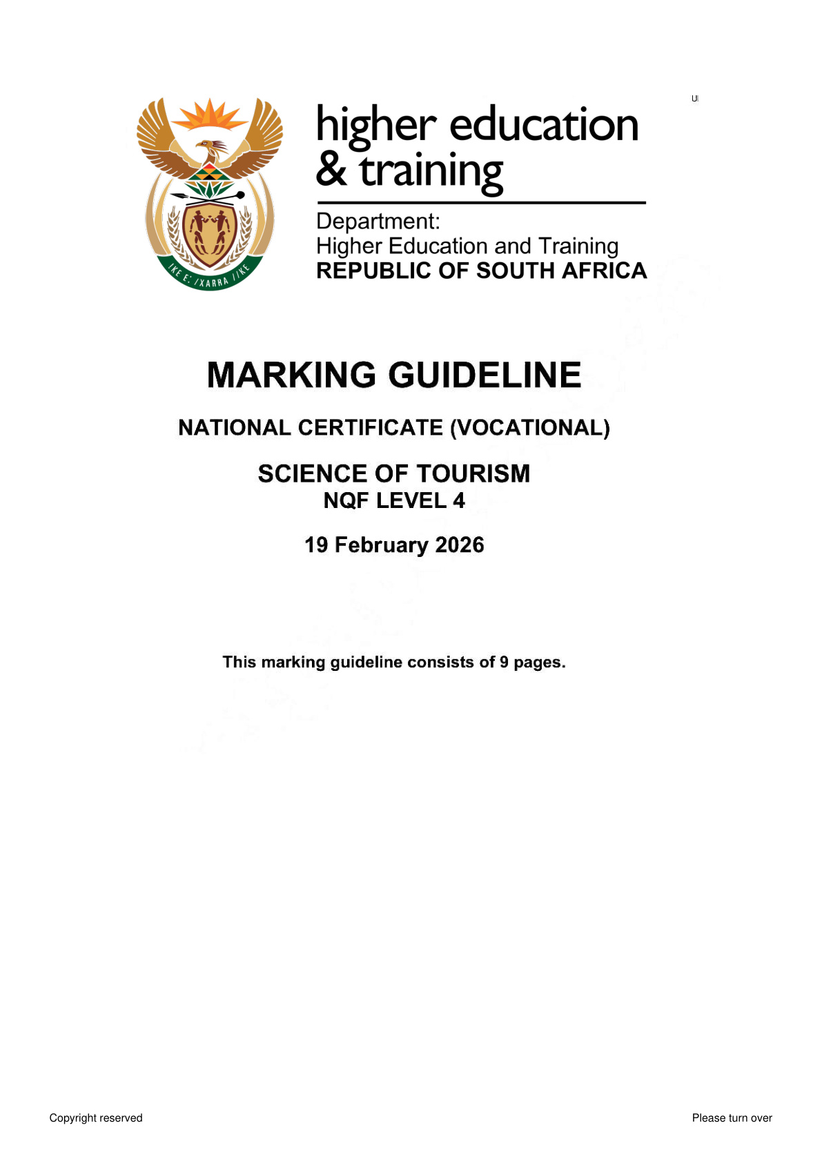 Science of Tourism Level 4 DHET NCV 2026 - Memo