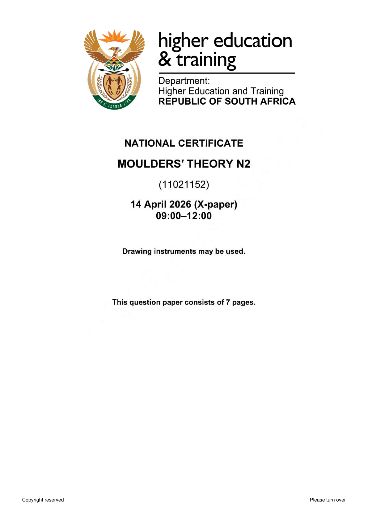 Moulders' Theory N2 DHET NATED April 2026 Paper X - Question Paper