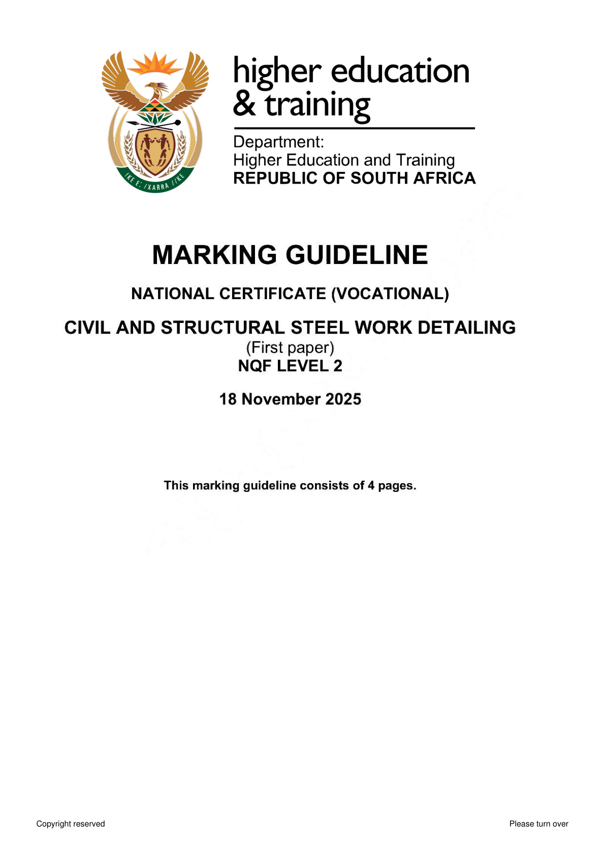 Civil and Structural Steelwork Detailing Level 3 DHET NCV November 2025 Paper 1 - Memo
