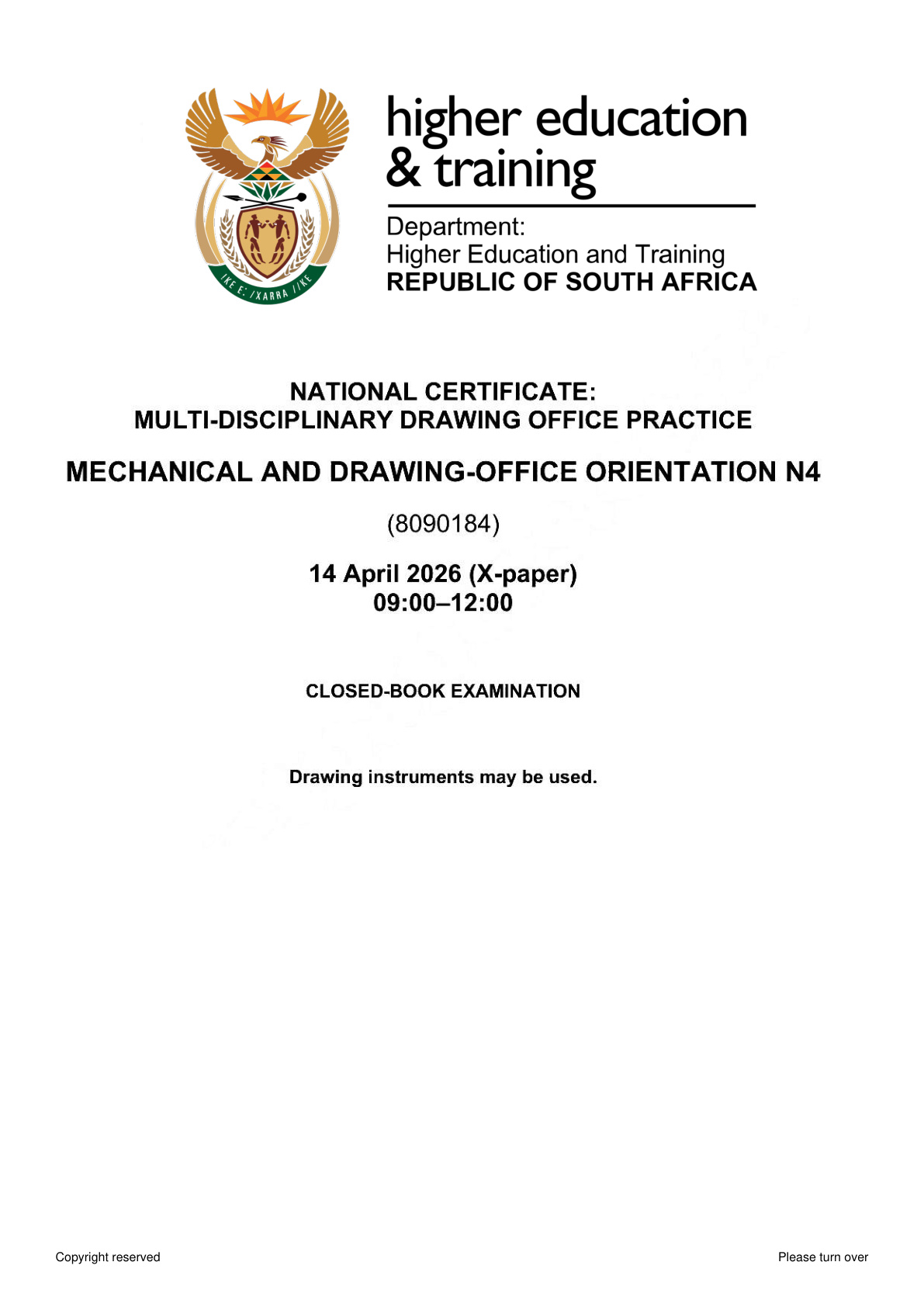 Mechanical and Drawing-Office Orientation N4 DHET NATED April 2026 Paper X - Question Paper