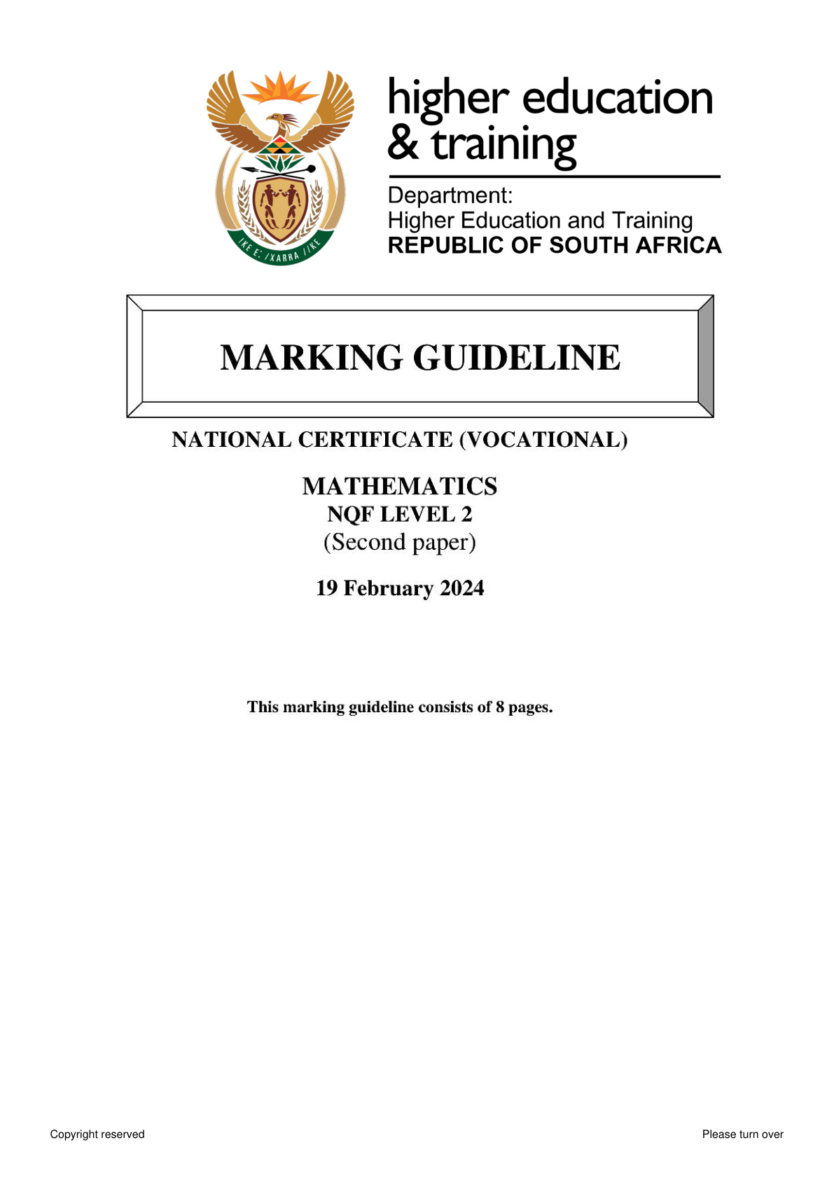 Mathematics Level 2 DHET NCV 2024 Paper 2 - Memo