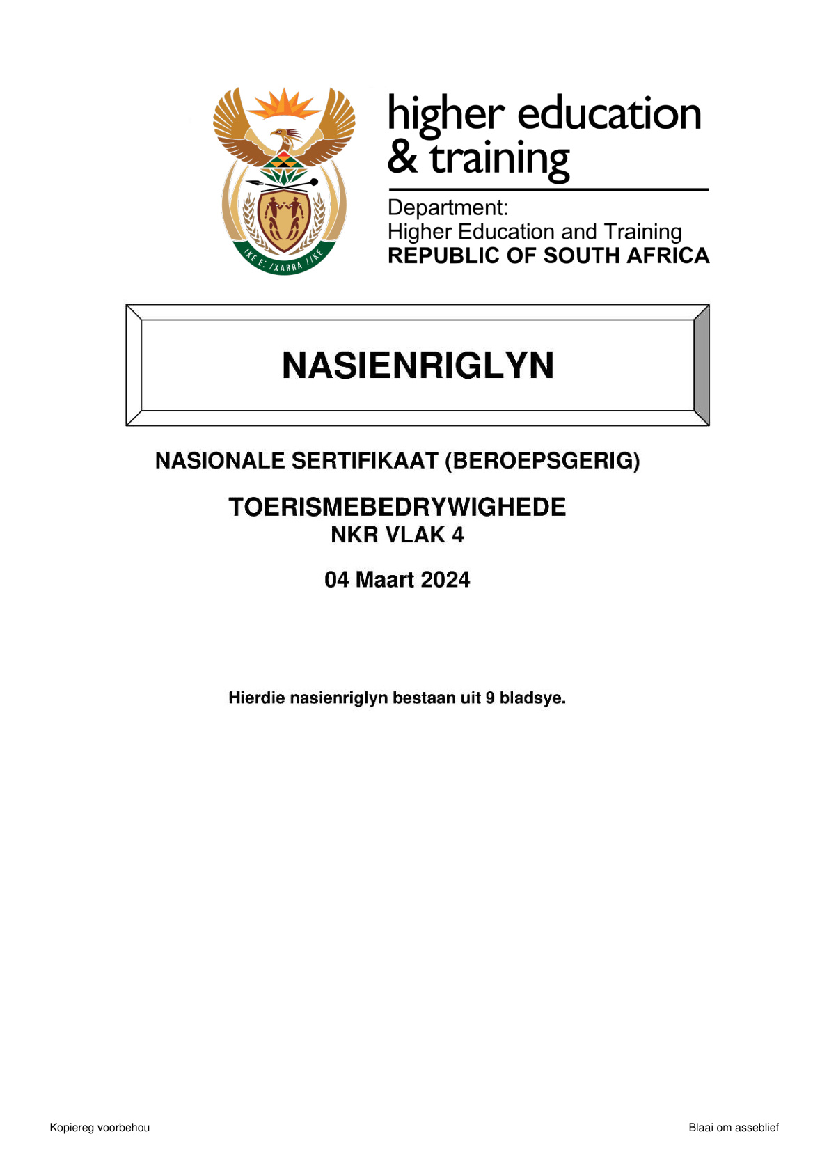 Tourism Operations Level 4 DHET NCV 2024 - Memo