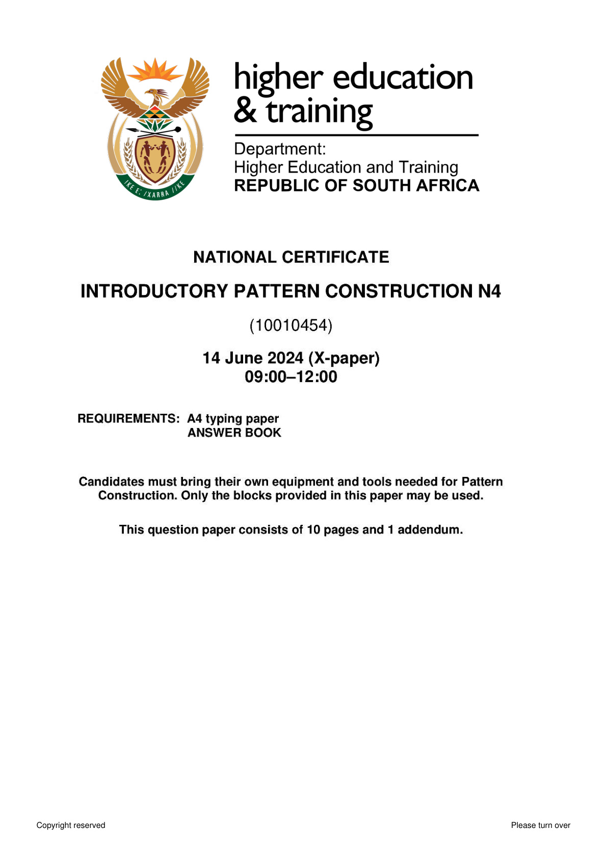 Introductory Pattern Construction N4 DHET NATED June 2024 Paper X - Question Paper