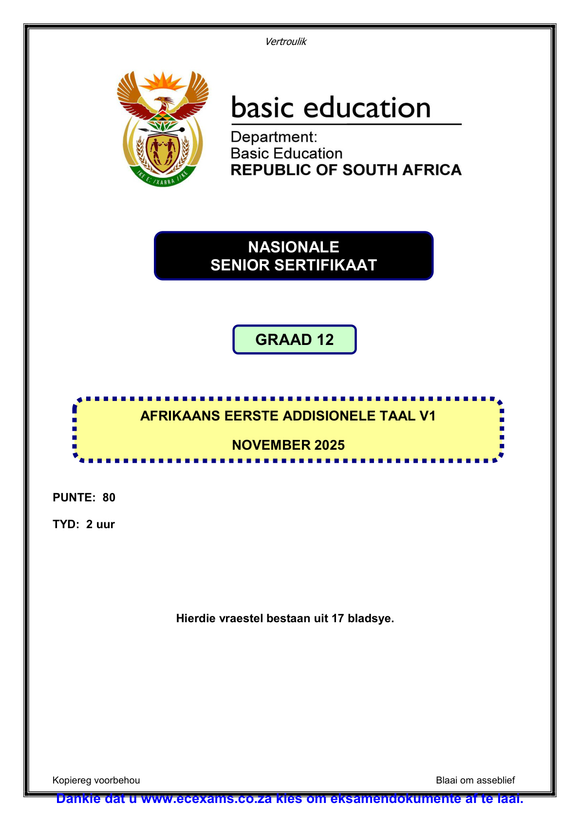 Afrikaans First Additional Language Grade 12 DBE NSC November 2025 Paper 1 - Question Paper (Eastern Cape)