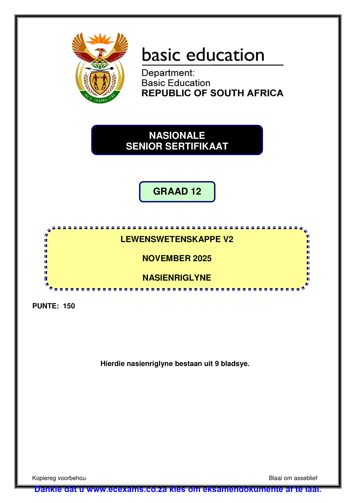 Life Sciences Grade 12 DBE NSC November 2025 Paper 2 - Memo (Eastern Cape)