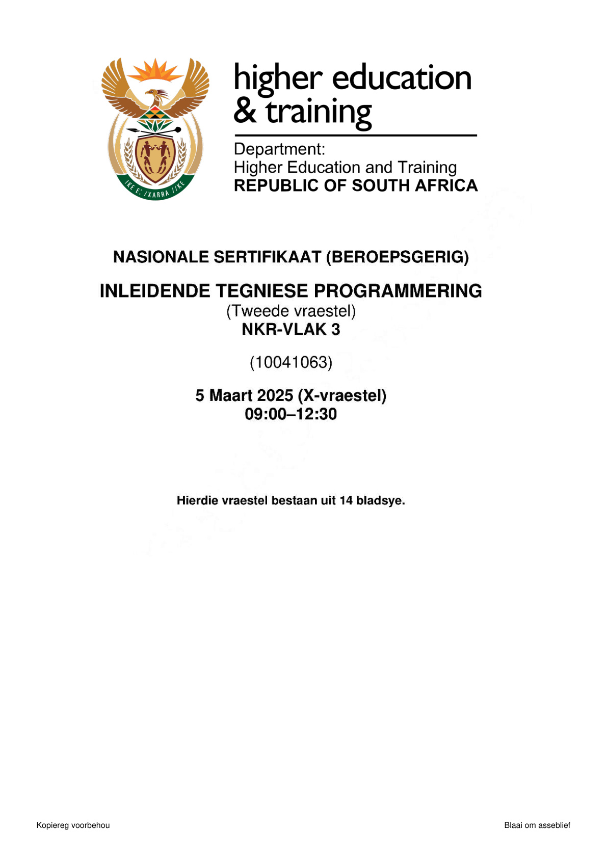 Introduction to Technical Programming Level 3 DHET NCV February 2025 Paper 2 - Question Paper