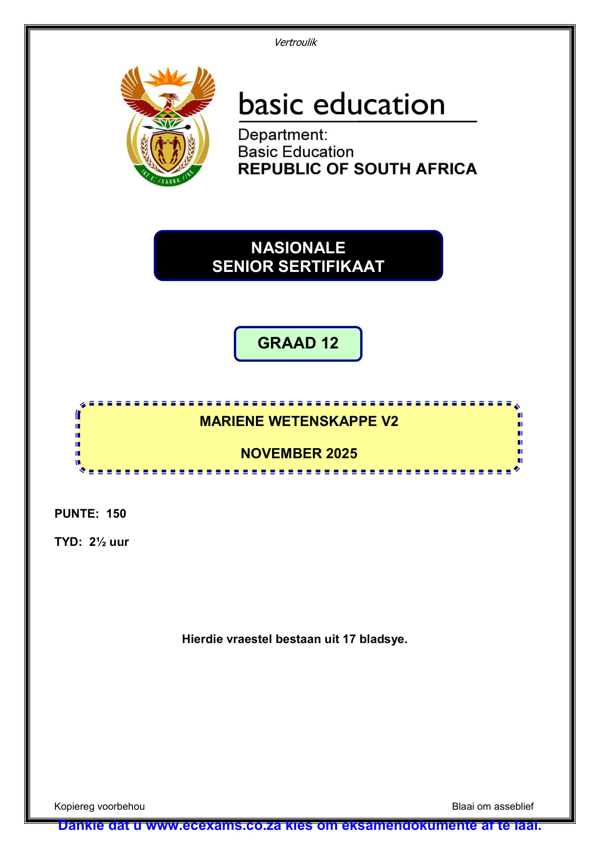 Marine Sciences Grade 12 DBE NSC November 2025 Paper 2 - Question Paper (Eastern Cape)